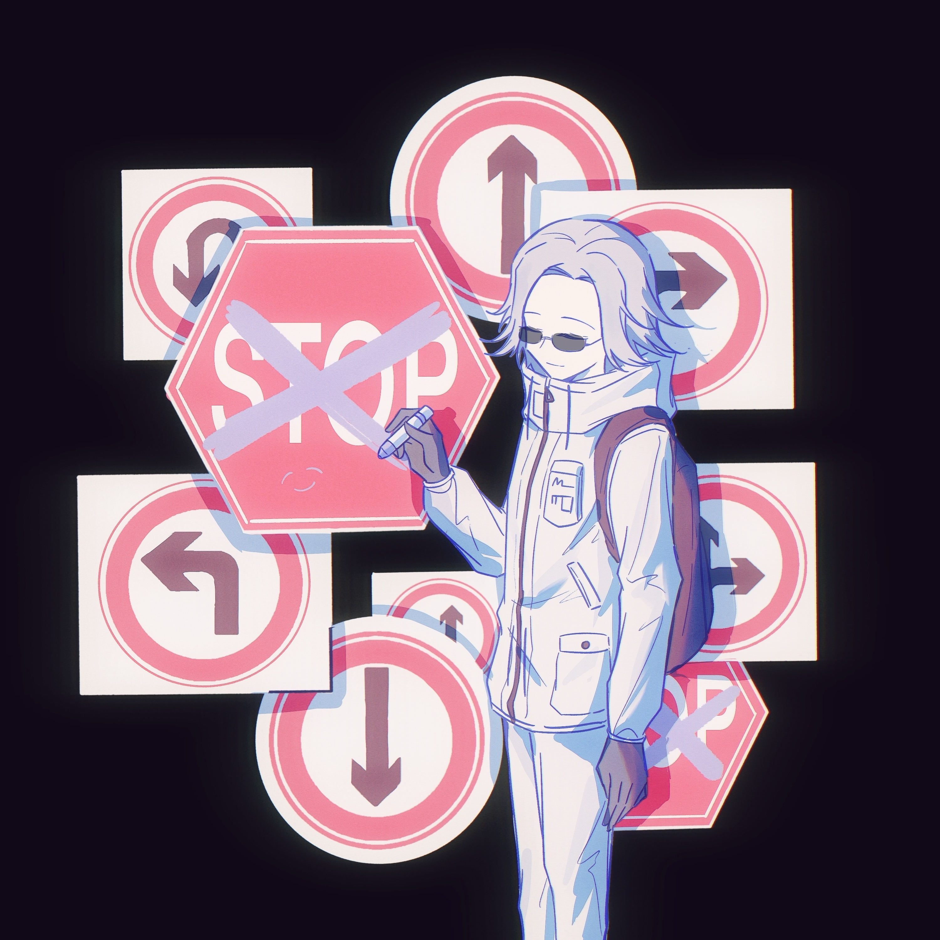 aotsuki eito, the hundred line -last defense academy-, absurdres, chinese commentary, commentary request, highres, variant set, 1boy, backpack, bag, black background, black bag, breast pocket, closed eyes, facing viewer, gloves, graffiti, grey hair, grin, holding, holding marker, jacket, male focus, marker, mizongwenwu, one way sign, pocket, purple eyes, road sign, short hair, sign, smile, solo, stop sign, sunglasses, turn left sign, turn right sign, white jacket