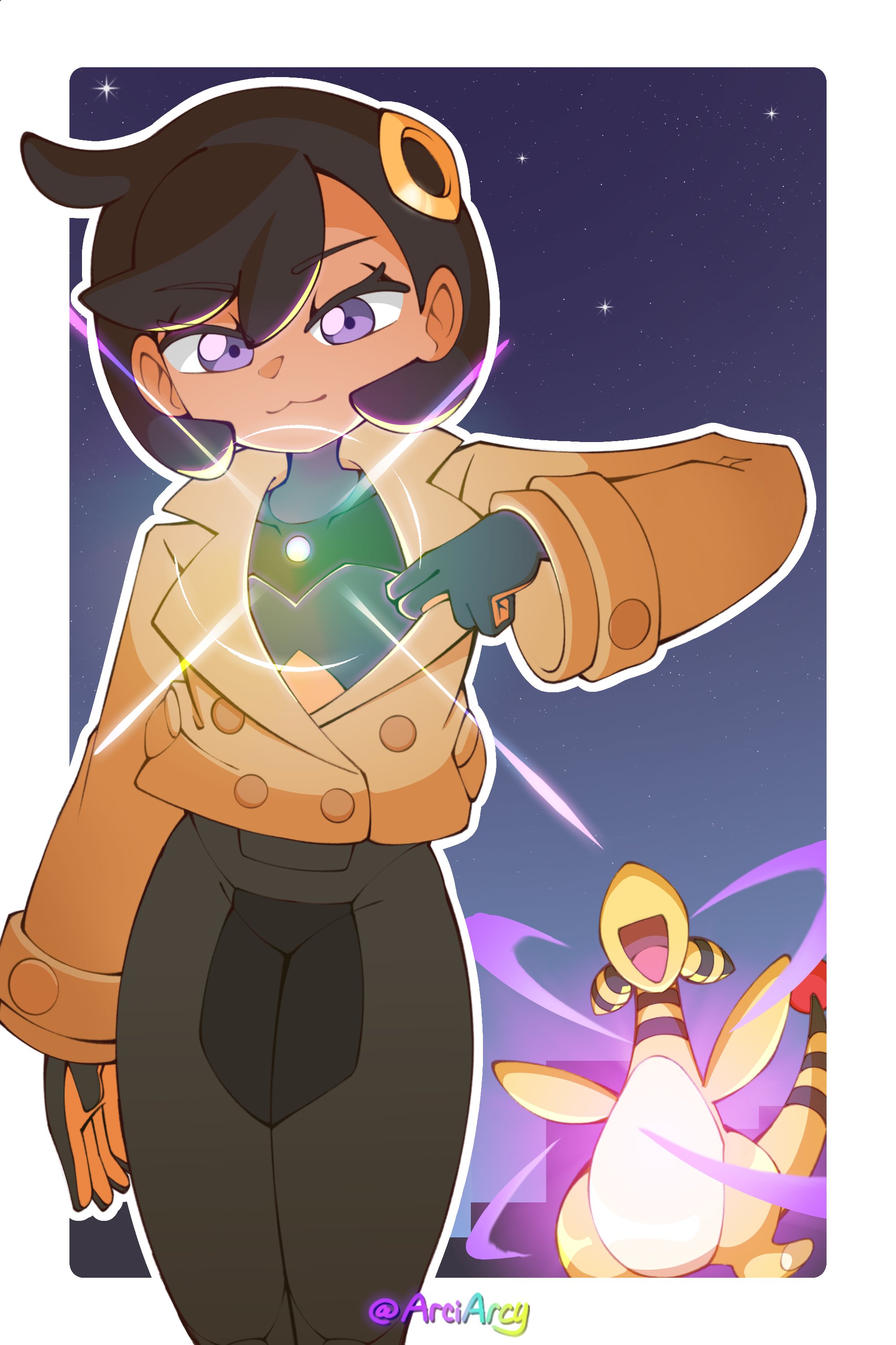 arciarcy, ampharos, emma (pokemon), nintendo, pokemon, pokemon legends: z-a, absurdres, highres, 1girl, :3, black bodysuit, black hair, bodysuit, bodysuit under clothes, breasts, brown jacket, closed mouth, dark-skinned female, dark skin, gen 2 pokemon, gloves, hair ornament, jacket, latex, latex bodysuit, looking at viewer, mega evolution, mega stone, night, night sky, open mouth, orange gloves, outdoors, pokemon (creature), purple eyes, short hair, sky, smile, tail, two-tone gloves