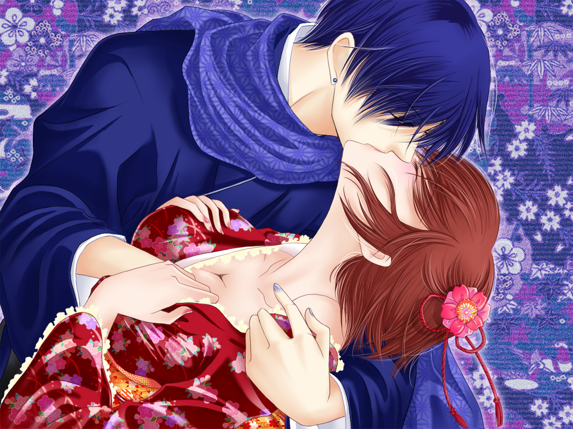 tonyo (milky crown), kaito (vocaloid), meiko (vocaloid), vocaloid, arm grab, 1boy, 1girl, asa no ha (pattern), blue hair, blue scarf, blush, breasts, brown hair, cleavage, closed eyes, couple, earrings, floral print, flower, grabbing another's breast, groping, hair flower, hair ornament, hair over one eye, hair ribbon, hetero, holding, hug, japanese clothes, jewelry, kimono, kiss, large breasts, nail polish, off shoulder, ribbon, scarf, short hair, stud earrings, undressing, yukata