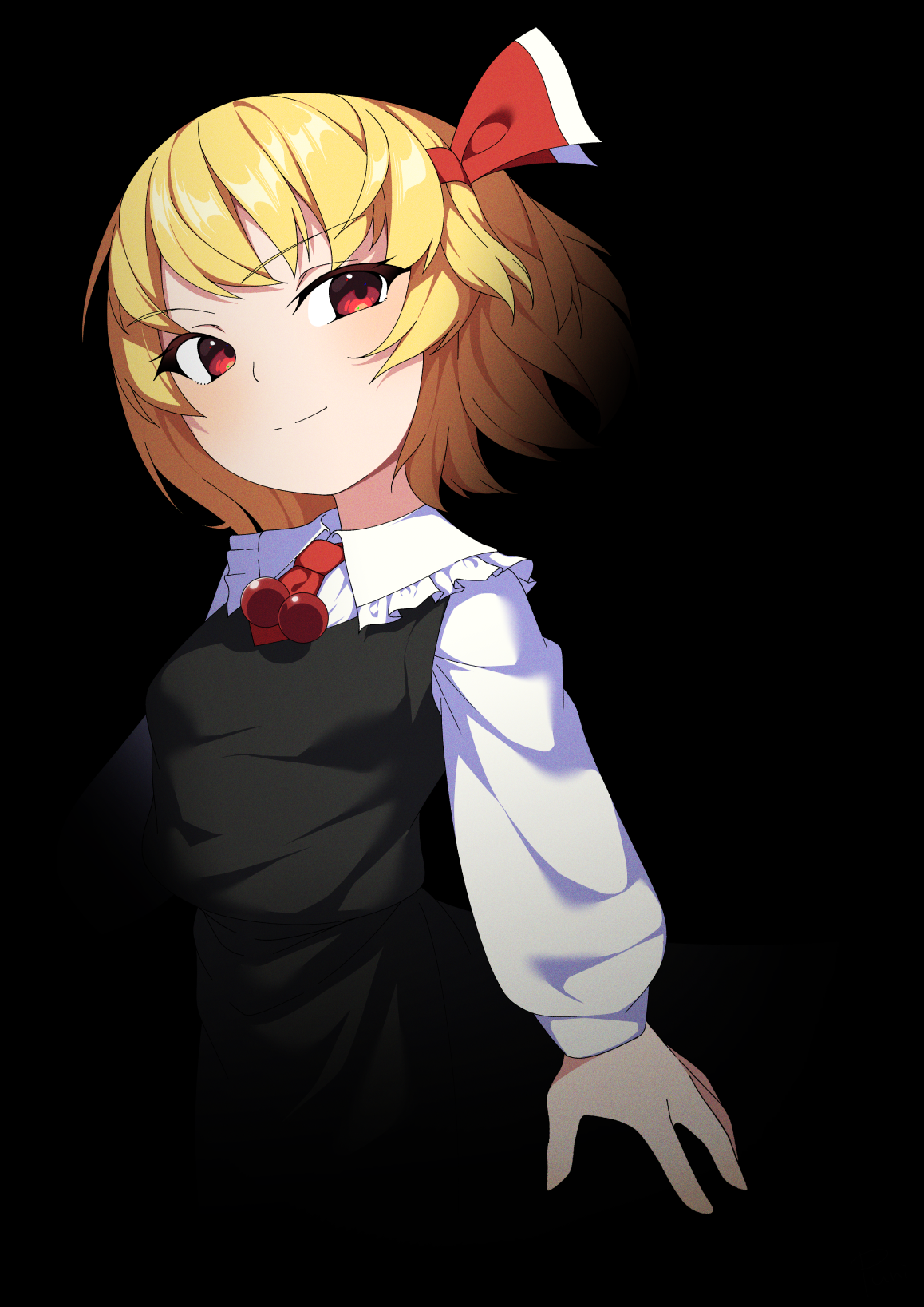punidayo, rumia, touhou, highres, 1girl, black background, black vest, blonde hair, closed mouth, hair ribbon, looking to the side, red eyes, red ribbon, ribbon, shirt, sleeveless vest, solo, vest, white shirt
