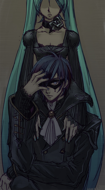 yoh (pixiv199441), hatsune miku, kaito (vocaloid), cantarella, cantarella (vocaloid), vocaloid, bad id, bad pixiv id, aqua hair, blue eyes, blue hair, dark, dress, flower, formal clothes, long hair, mask, suit, twintails