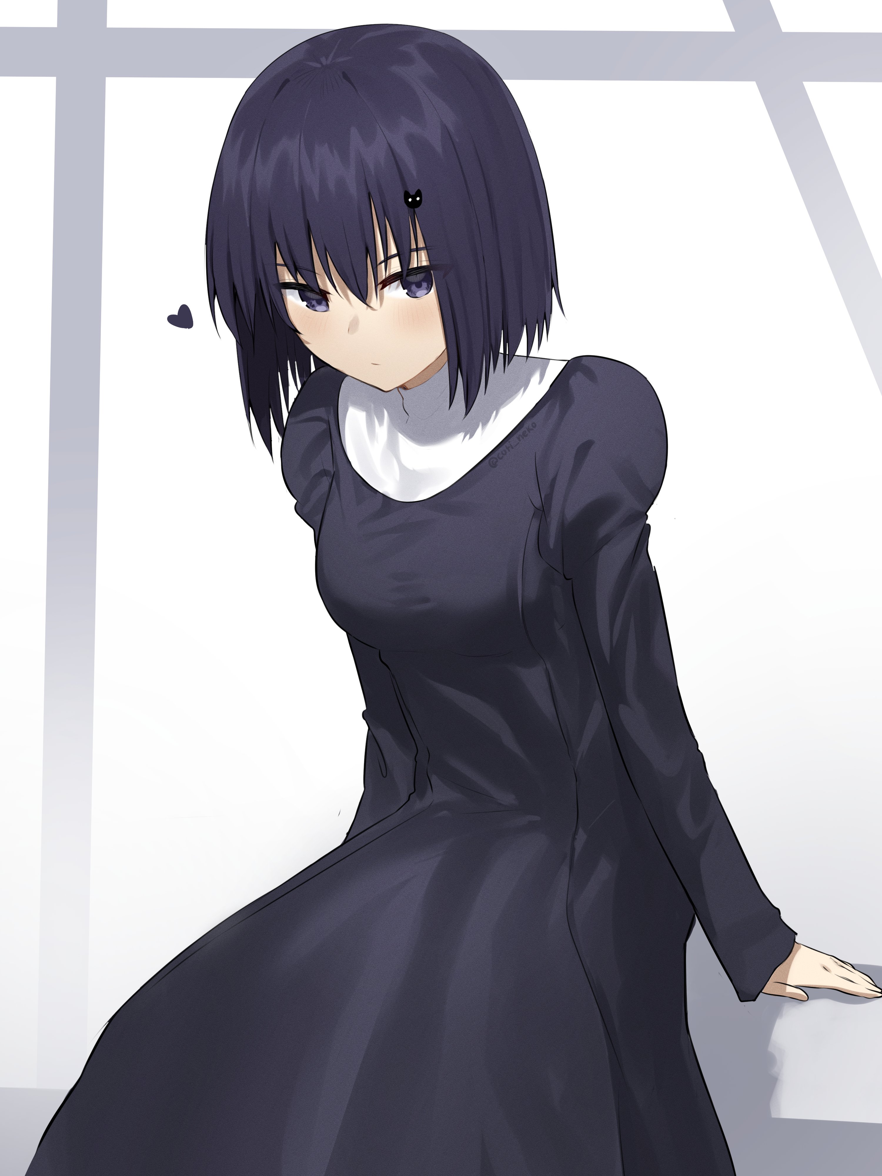 coti neko, kuonji alice, mahou tsukai no yoru, absurdres, commentary, english commentary, highres, 1girl, black dress, black eyes, black hair, blush, closed mouth, dress, expressionless, heart, juliet sleeves, long sleeves, looking at viewer, puffy sleeves, short hair, simple background, sitting, solo