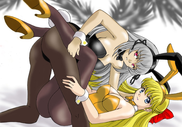 ranpu, aino minako, suigintou, bishoujo senshi sailor moon, rozen maiden, silver hair, 00s, 1990s (style), 2girls, all fours, animal ears, ass, blonde hair, blue eyes, crossover, fake animal ears, long hair, lying, multiple girls, pantyhose, playboy bunny, rabbit ears, red eyes, retro artstyle, wings