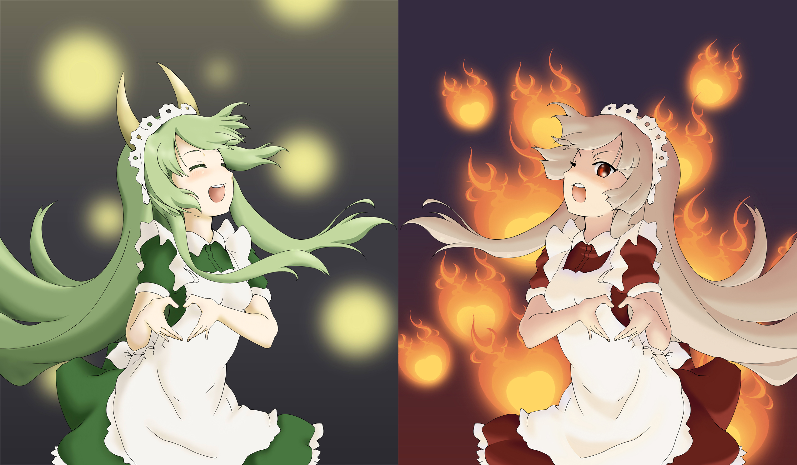 kashipam, kashipam003, ex-keine, fujiwara no mokou, kamishirasawa keine, touhou, bad id, bad pixiv id, highres, 2girls, female focus, heart, heart hands, maid, moe moe kyun!, multiple girls, parody