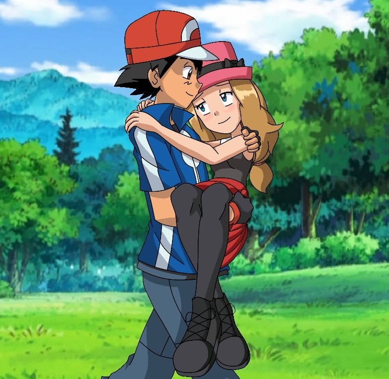 ash ketchum, serena (pokemon), nintendo, pokemon, pokemon (anime), pokemon xy, 1boy, 1girl, baseball cap, black hair, black shirt, black shoes, black socks, blonde hair, carrying, carrying person, hat, looking at another, princess carry, red skirt, shirt, shoes, skirt, smile, socks, willdinomaster55