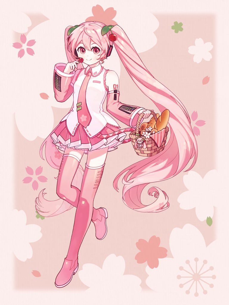 hatsune miku, sakura miku, vocaloid, alexbionics, boots, bread, cherry, cherry hair ornament, detached sleeves, food, food-themed hair ornament, fruit, hair ornament, long hair, necktie, pink boots, pink eyes, pink hair, pink necktie, pink skirt, pink sleeves, pink theme, pink thighhighs, skirt, thighhighs, twintails