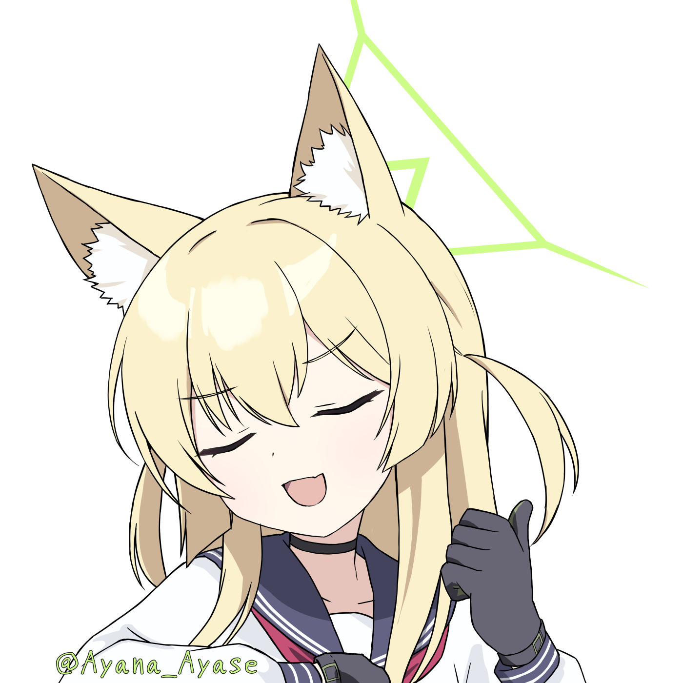 ayana ayase, kurumi (blue archive), blue archive, commentary, highres, 1girl, :d, black choker, black gloves, black sailor collar, blonde hair, choker, closed eyes, doyagao, facing viewer, gloves, green halo, hair between eyes, halo, hand up, long hair, long sleeves, meme, neckerchief, open mouth, red neckerchief, sailor collar, school uniform, serafuku, shirt, sidelocks, simple background, smile, smug, smug inori (meme), solo, thumbs up, twitter username, two side up, upper body, v-shaped eyebrows, white background, white shirt