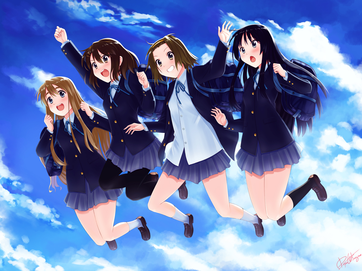 dopollsogno, akiyama mio, hirasawa yui, kotobuki tsumugi, tainaka ritsu, k-on!, 00s, 4girls, bag, black eyes, black hair, blonde hair, blue eyes, brown eyes, brown hair, clenched hand, clenched hands, cloud, day, ho-kago tea time, jumping, long hair, multiple girls, pantyhose, raised fist, school uniform, short hair, tomboy