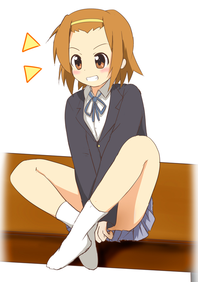 hiiragi mitsuna, tainaka ritsu, k-on!, 00s, 1girl, blazer, brown eyes, brown hair, crossed legs, female focus, grin, hairband, indian style, jacket, school uniform, short hair, sitting, smile, socks, solo, tomboy, white socks