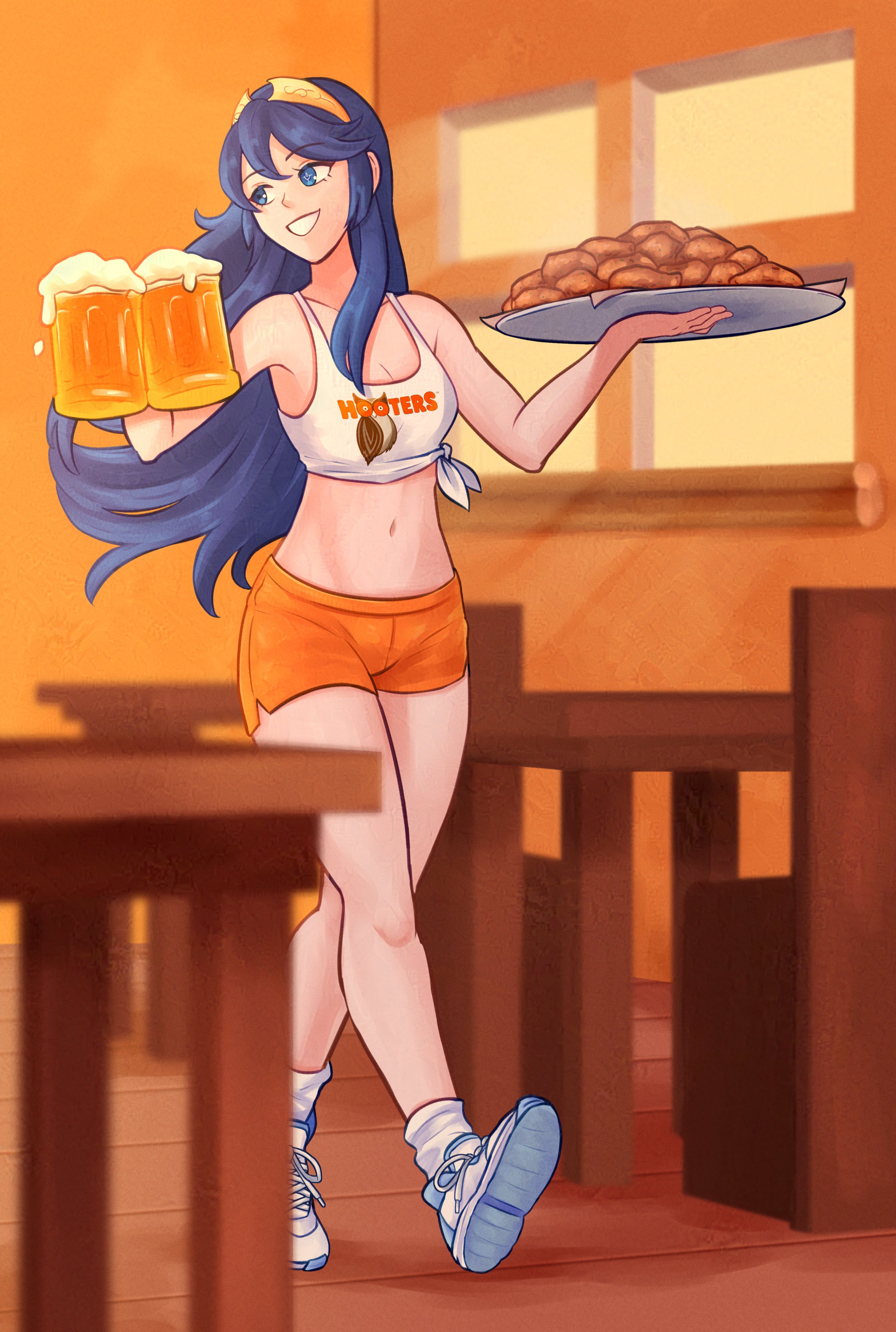 obsidianwasp, lucina (fire emblem), fire emblem, fire emblem awakening, hooters, nintendo, absurdres, commission, highres, 1girl, alcohol, alternate costume, armpits, bare arms, bare legs, beer, beer mug, blue eyes, blue hair, brand of the exalt, breasts, chicken (food), chicken wing, cleavage, cup, dolphin shorts, employee uniform, food, hair between eyes, holding, holding cup, holding tray, indoors, long hair, midriff, mug, navel, open mouth, orange shorts, print tank top, shirt, shoes, short shorts, shorts, small breasts, smile, socks, solo, stomach, tank top, tiara, tied shirt, tray, waitress, white shirt, white socks, white tank top