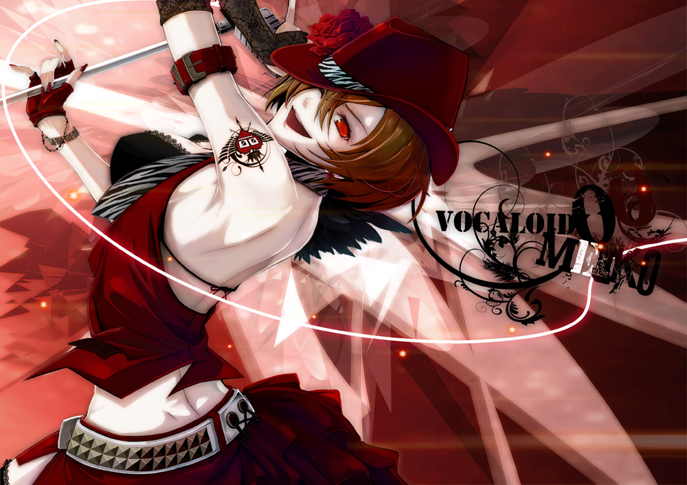 komaki (gigu), meiko (vocaloid), vocaloid, 1girl, armpits, bare shoulders, belt, brown hair, female focus, fingerless gloves, flower, gloves, hair over one eye, hat, microphone, microphone stand, midriff, nail polish, navel, necktie, red eyes, red nails, rose, short hair, skirt, smile, solo, tattoo