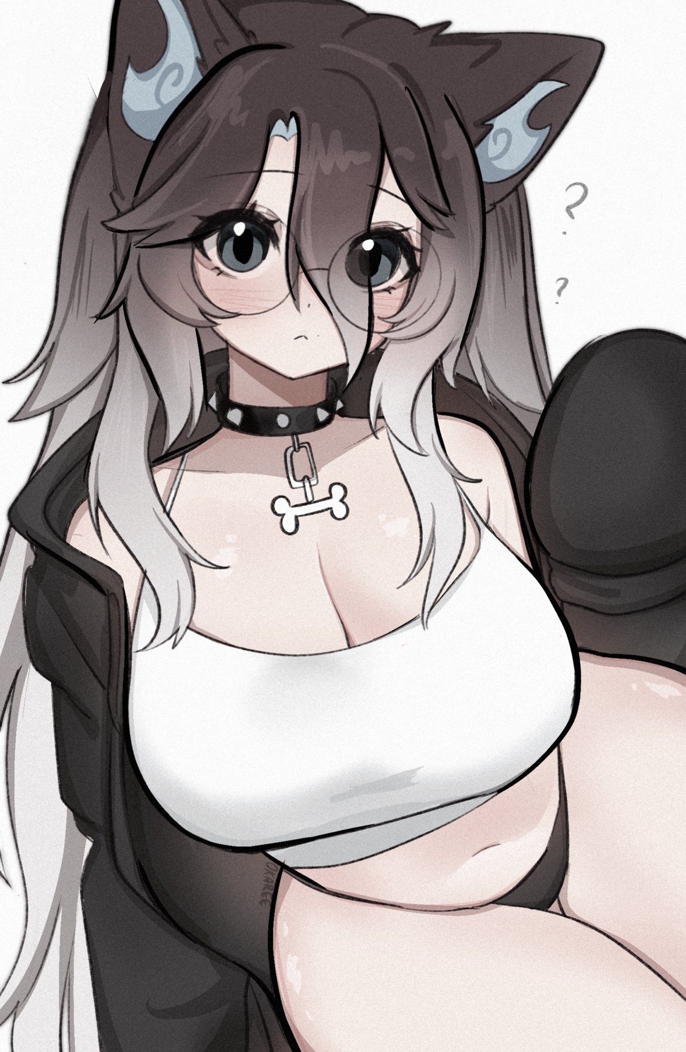 okariin, indie virtual youtuber, commentary, highres, 1girl, :<, ?, animal ears, black choker, black eyes, black jacket, blush, breasts, choker, cleavage, closed mouth, cowboy shot, curvy, double-parted bangs, gradient hair, grey hair, hair between eyes, heart, heart in eye, jacket, large breasts, long hair, long sleeves, looking at viewer, multicolored hair, okariin (vtuber), open clothes, open jacket, simple background, sleeves past fingers, sleeves past wrists, solo, spiked choker, spikes, symbol in eye, tank top, thick thighs, thighs, virtual youtuber, white background, white tank top, wolf ears, wolf girl
