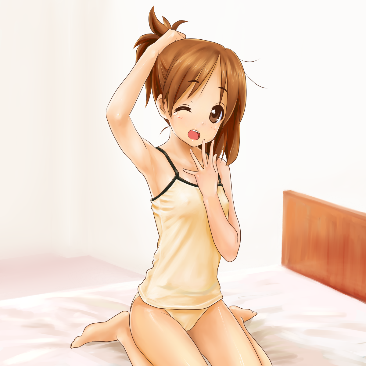koumo, hirasawa ui, k-on!, highres, 00s, 1girl, armpits, barefoot, bed, brown eyes, brown hair, bunching hair, cameltoe, camisole, covered erect nipples, female focus, flat chest, nipples, one eye closed, panties, see-through clothes, short hair, solo, underwear, underwear only, wink, yawning, yellow panties