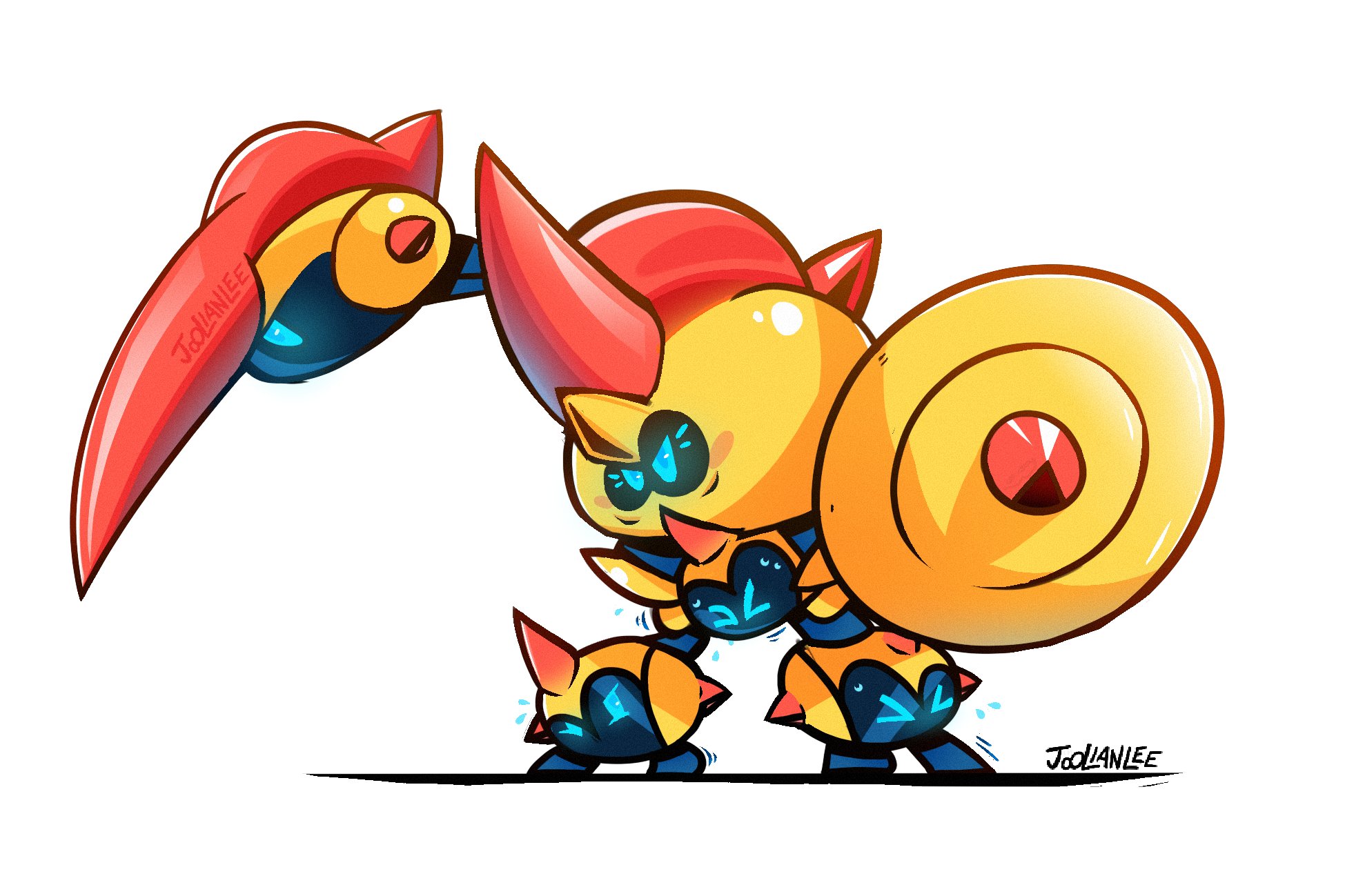 falinks, mega falinks, nintendo, pokemon, highres, > <, blue eyes, closed mouth, gen 8 pokemon, holding, holding shield, holding weapon, joolianlee, mega pokemon, no humans, pokemon (creature), pokemon focus, shield, simple background, sphere body, weapon, white background