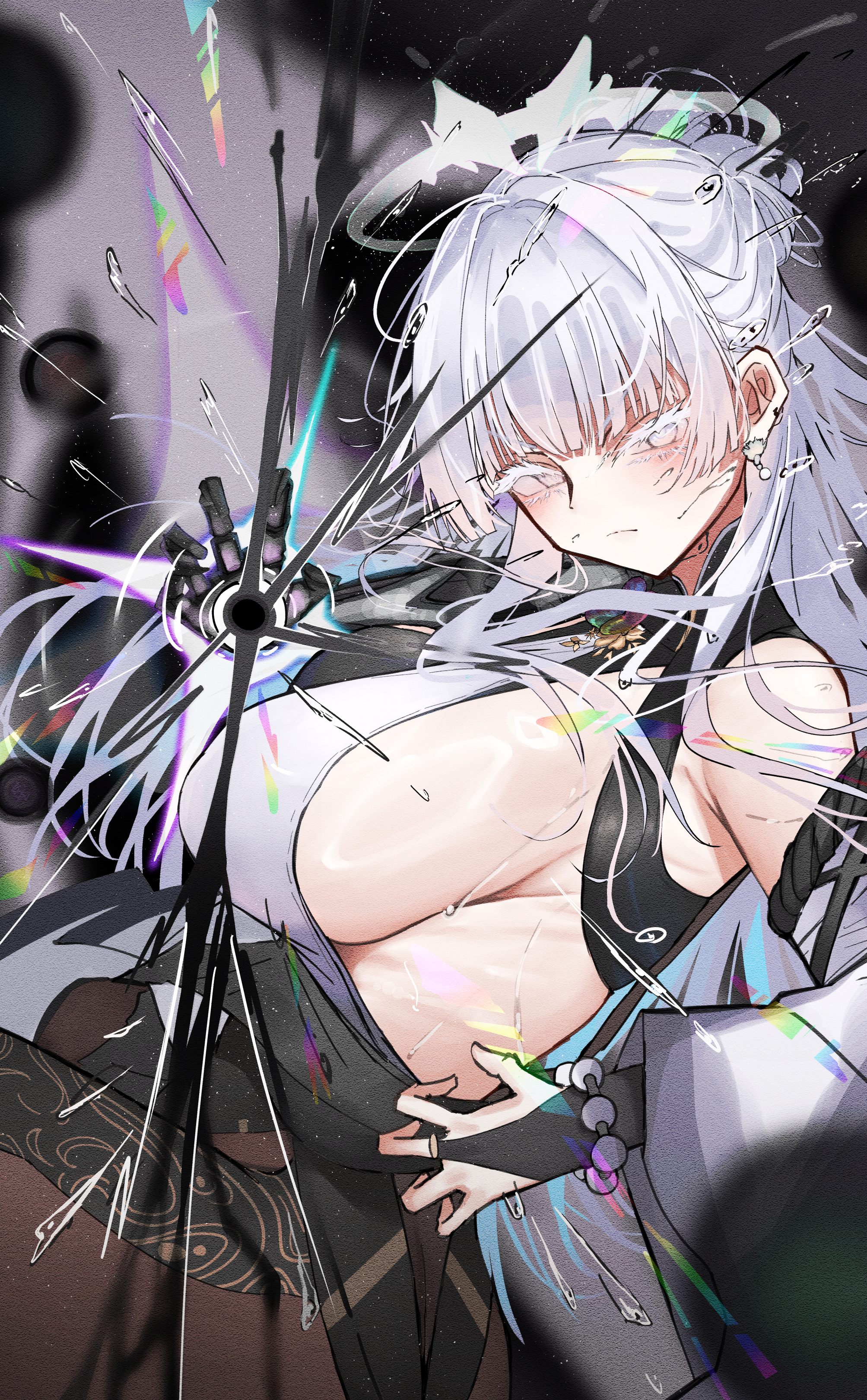 iwazaki, nayuta (nikke), goddess of victory: nikke, absurdres, highres, 1girl, bead bracelet, beads, bracelet, breasts, bridal gauntlets, closed eyes, colored eyelashes, grey hair, haori, hat, japanese clothes, jewelry, large breasts, long hair, looking at viewer, monk, print haori, sideboob, solo, thick eyelashes, unusually open eyes, very long hair, white eyelashes, white hair