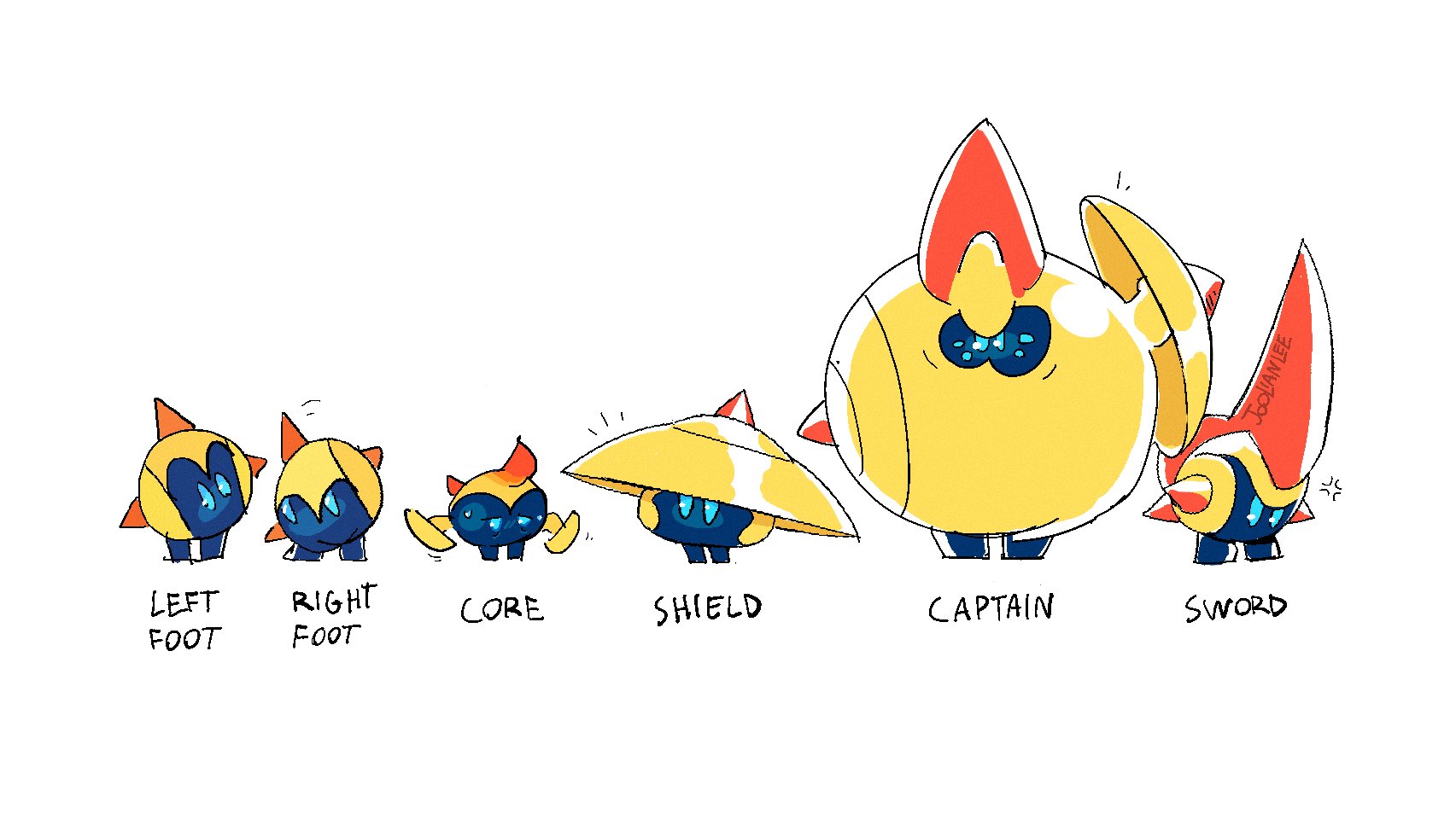 falinks, mega falinks, nintendo, pokemon, highres, blue eyes, english text, gen 8 pokemon, joolianlee, mega pokemon, no humans, pokemon (creature), pokemon focus, shield, simple background, sphere body, sword, weapon, white background