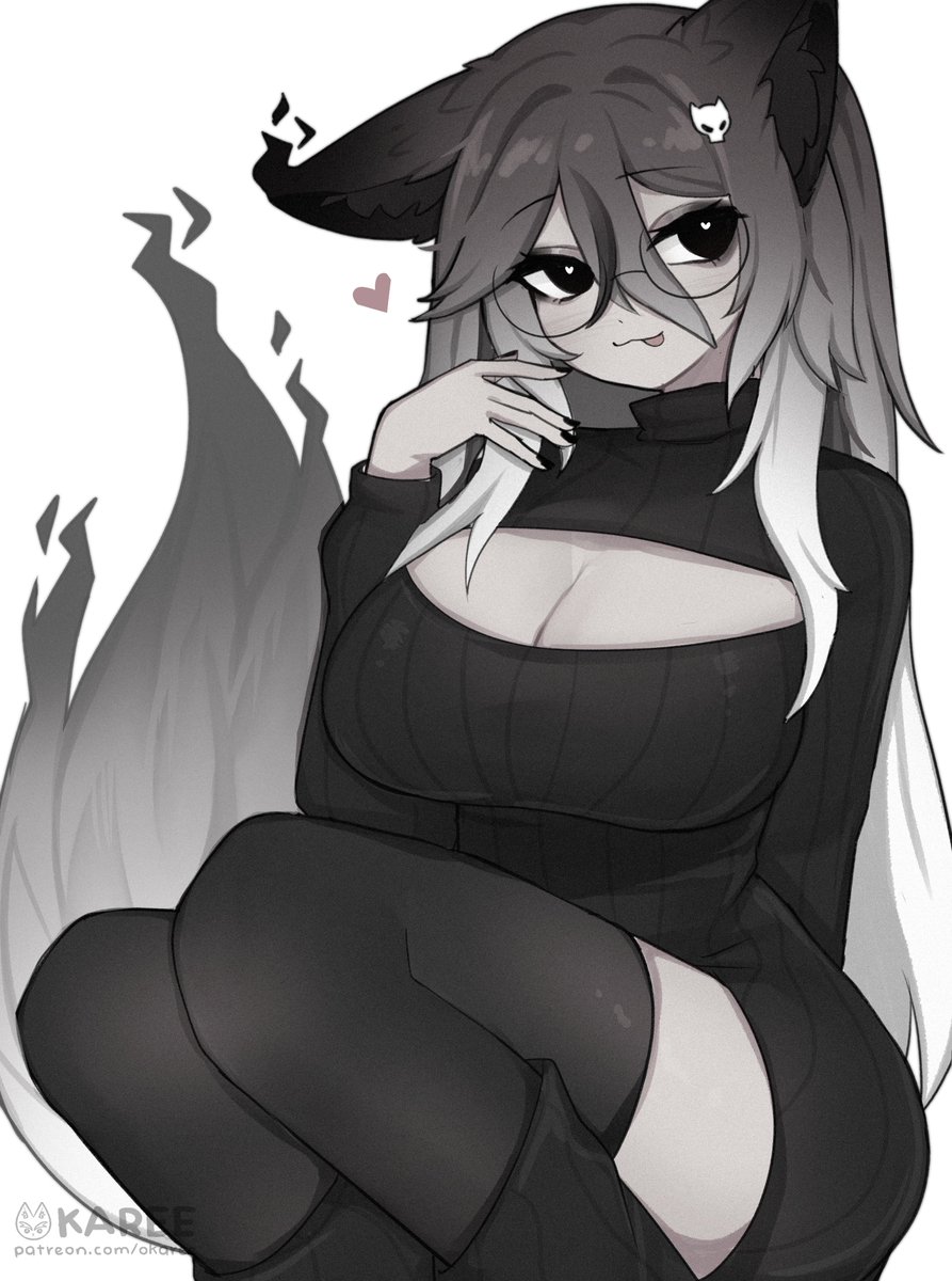 okariin, indie virtual youtuber, commentary, english commentary, highres, 1girl, :3, animal ears, black eyes, black sweater, black thighhighs, breasts, cleavage, cleavage cutout, closed mouth, clothing cutout, cowboy shot, double-parted bangs, glasses, gradient hair, grey hair, hair between eyes, hair ornament, hand up, heart, heart in eye, large breasts, long hair, long sleeves, looking at viewer, multicolored hair, okariin (vtuber), open-chest sweater, ribbed sweater, simple background, solo, sweater, symbol in eye, tail, thighhighs, tongue, tongue out, turtleneck, turtleneck sweater, virtual youtuber, white background, wolf ears, wolf girl, wolf tail