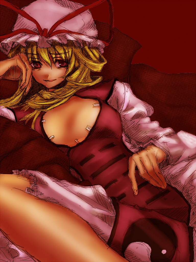 kuronuko neero, yakumo yukari, touhou, 1girl, blonde hair, breasts, female focus, hat, large breasts, open clothes, open shirt, red eyes, shirt, solo