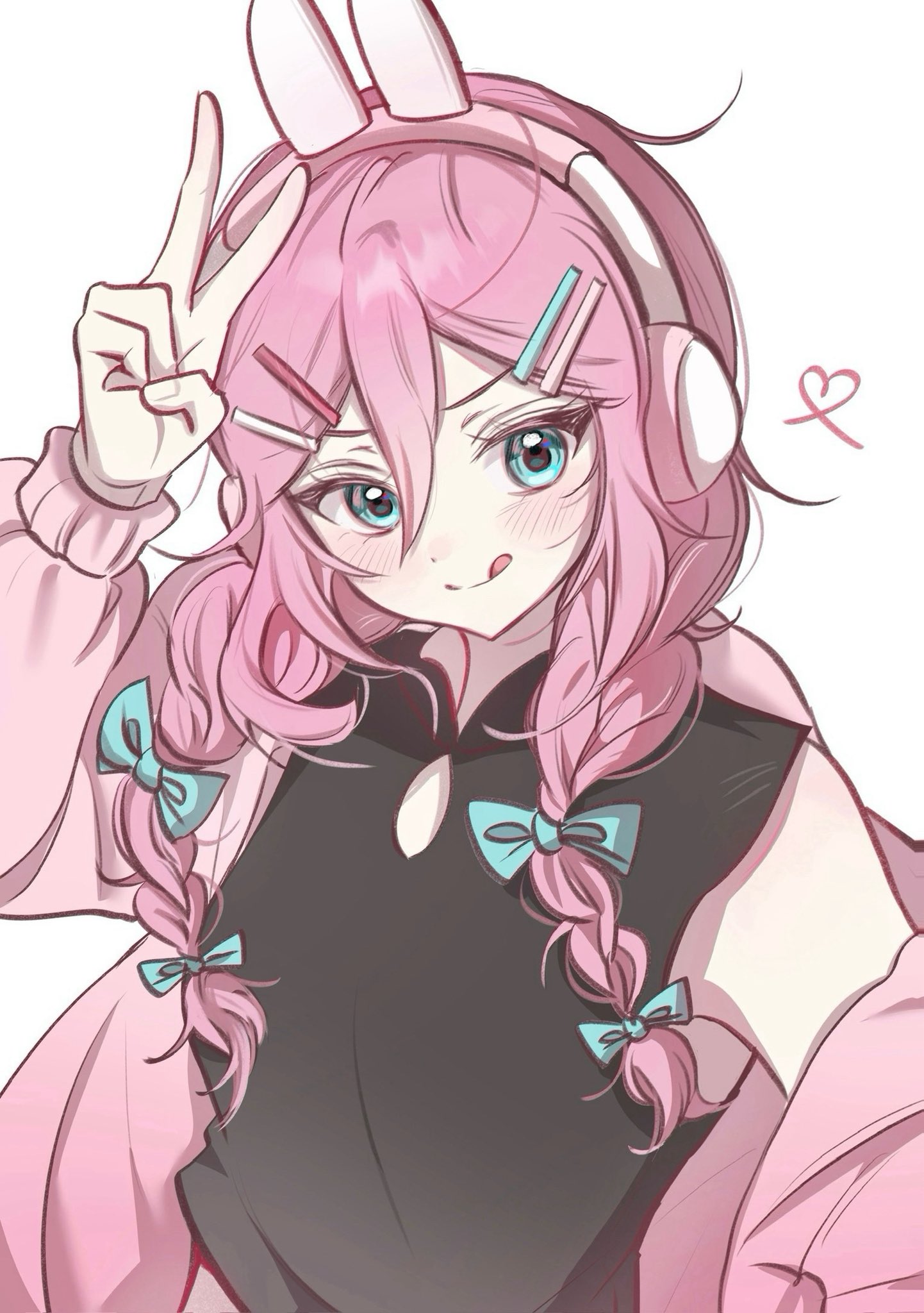 aubrey (birthday) (omori), aubrey (faraway) (omori), aubrey (omori), omori, highres, 1girl, animal ear headphones, animal ears, arm up, blue bow, blue eyes, blush, bow, braid, closed mouth, fake animal ears, hair bow, headphones, long hair, looking at viewer, low twin braids, pink hair, rabbit ear headphones, rabbit ears, simple background, smile, solo, tongue, tongue out, twin braids, upper body, v, white background, wktdms1