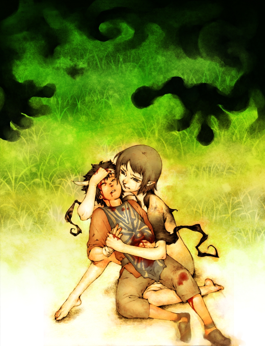 tamo imai, ico (character), yorda, ico, bad id, bad pixiv id, highres, 1boy, 1girl, bad end, barefoot, blood, darkness, feet, hetero, holding hands, horns, pointy ears, surcoat, tabard