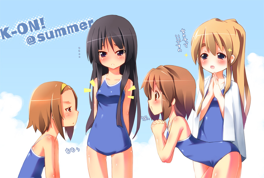 pu-en, akiyama mio, hirasawa yui, kotobuki tsumugi, tainaka ritsu, k-on!, 00s, 4girls, breast envy, breasts, competition school swimsuit, ho-kago tea time, looking at breasts, multiple girls, one-piece swimsuit, school swimsuit, swimsuit, tomboy