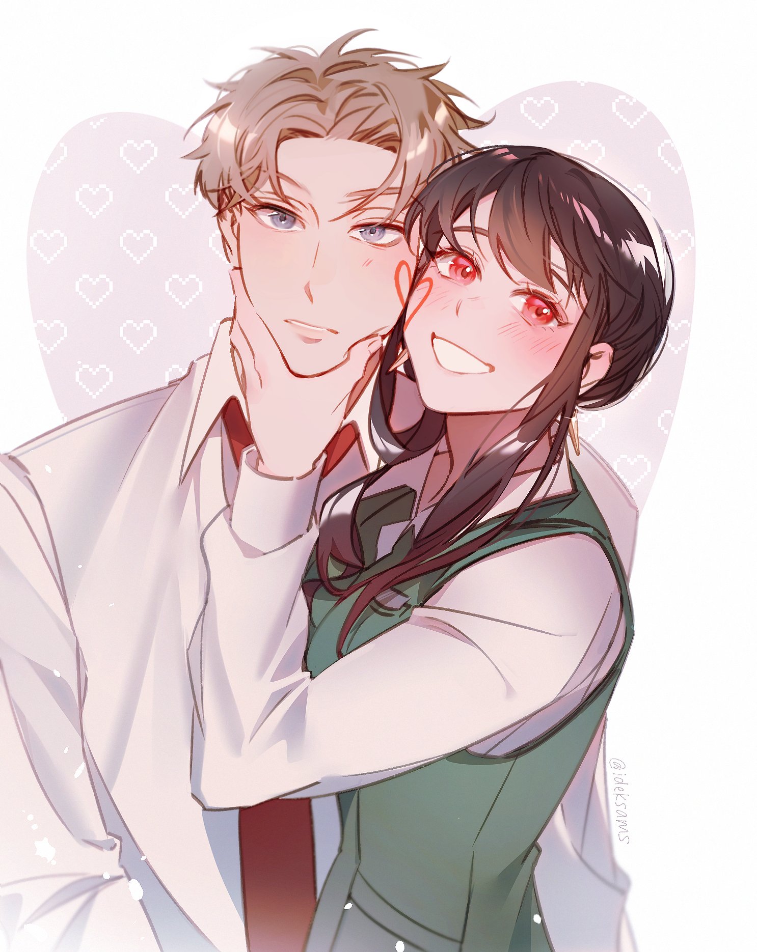 ideksams, twilight (spy x family), yor briar, spy x family, highres, 1boy, 1girl, black hair, blonde hair, blue eyes, blush, breasts, couple, dress, earrings, gold earrings, hairband, hetero, husband and wife, jewelry, large breasts, long hair, long sleeves, open mouth, red eyes, shirt, short hair, sidelocks, smile