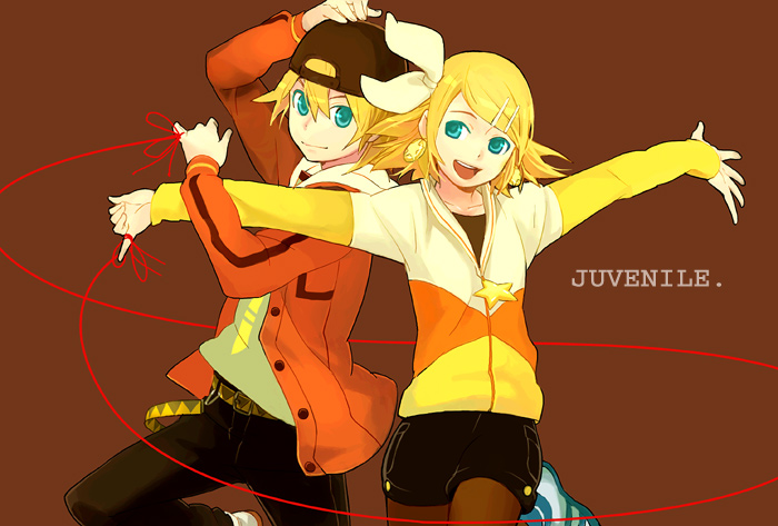 habuki, kagamine len, kagamine rin, juvenile (vocaloid), vocaloid, 1boy, 1girl, baseball cap, blonde hair, blue eyes, brother and sister, casual, earrings, hair ornament, hair ribbon, hairclip, hat, jewelry, pantyhose, pantyhose under shorts, ribbon, short hair, shorts, siblings, smile, string, string of fate, twins