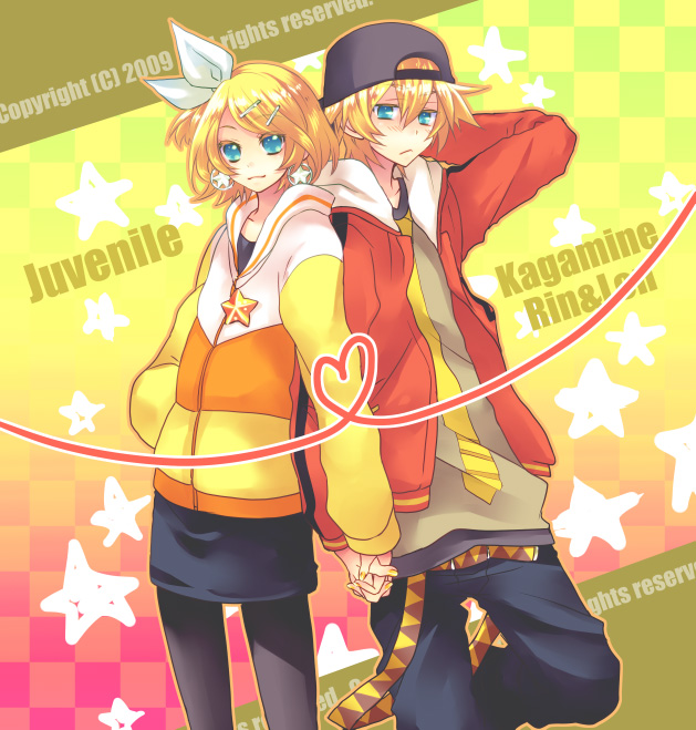 riku-69, kagamine len, kagamine rin, juvenile (vocaloid), vocaloid, 1boy, 1girl, baseball cap, belt, blonde hair, blue eyes, brother and sister, casual, earrings, hair ornament, hair ribbon, hairclip, hat, jewelry, pantyhose, ribbon, short hair, siblings, skirt, smile, string, string of fate, twins