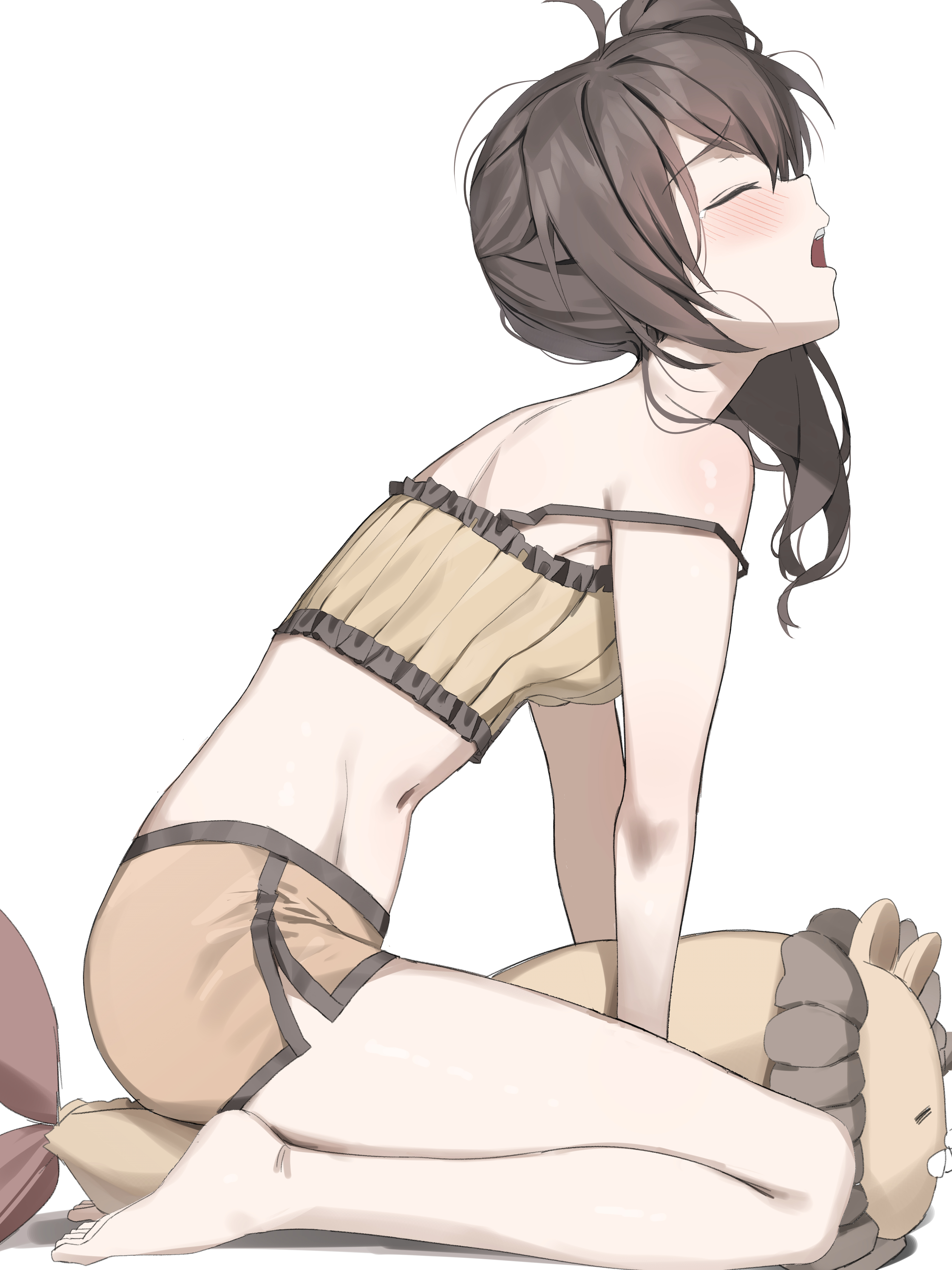 scarlet (wv0102), ebi frion (natsuiro matsuri), natsuiro matsuri, natsuiro matsuri (matsuri's day off), hololive, facing up, absurdres, commentary, highres, symbol-only commentary, 1girl, ahoge, back, bare arms, bare legs, bare shoulders, barefoot, between legs, blush, brown hair, camisole, crop top, dolphin shorts, food, frilled camisole, frills, from side, full body, hunched over, leaning forward, long hair, mascot, micro shorts, midriff, navel, open mouth, orange shorts, profile, raised inner eyebrows, ribbed camisole, seiza, shorts, shoulder blades, shrimp, shrimp tempura, side ponytail, side slit, simple background, sitting, sleepwear, solo, strap slip, stuffed animal, stuffed lion, stuffed toy, tears, tempura, toes, virtual youtuber, white background, yawning, yellow camisole