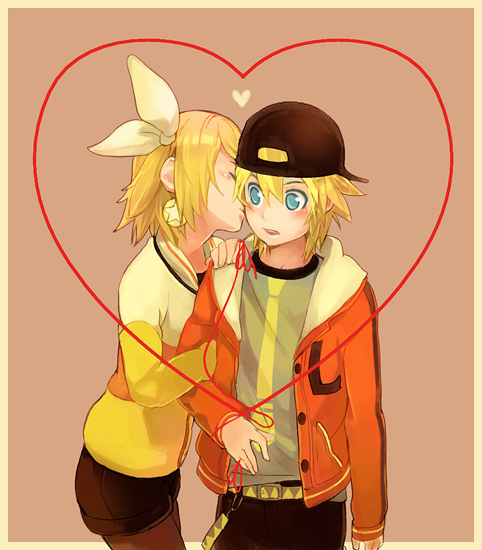 habuki, kagamine len, kagamine rin, juvenile (vocaloid), vocaloid, 1boy, 1girl, baseball cap, blonde hair, blue eyes, brother and sister, casual, earrings, hair ribbon, hat, hetero, jewelry, kiss, kissing cheek, pantyhose, pantyhose under shorts, ribbon, short hair, shorts, siblings, string, string of fate, surprised, twins