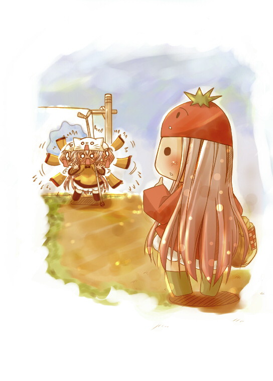 wada kenichi, megurine luka, megurine luka (toeto), toeto (vocaloid), vocaloid, animal hat, blush, cat hat, embarrassed, hat, long hair, o o, staff, tomato, very long hair, waving