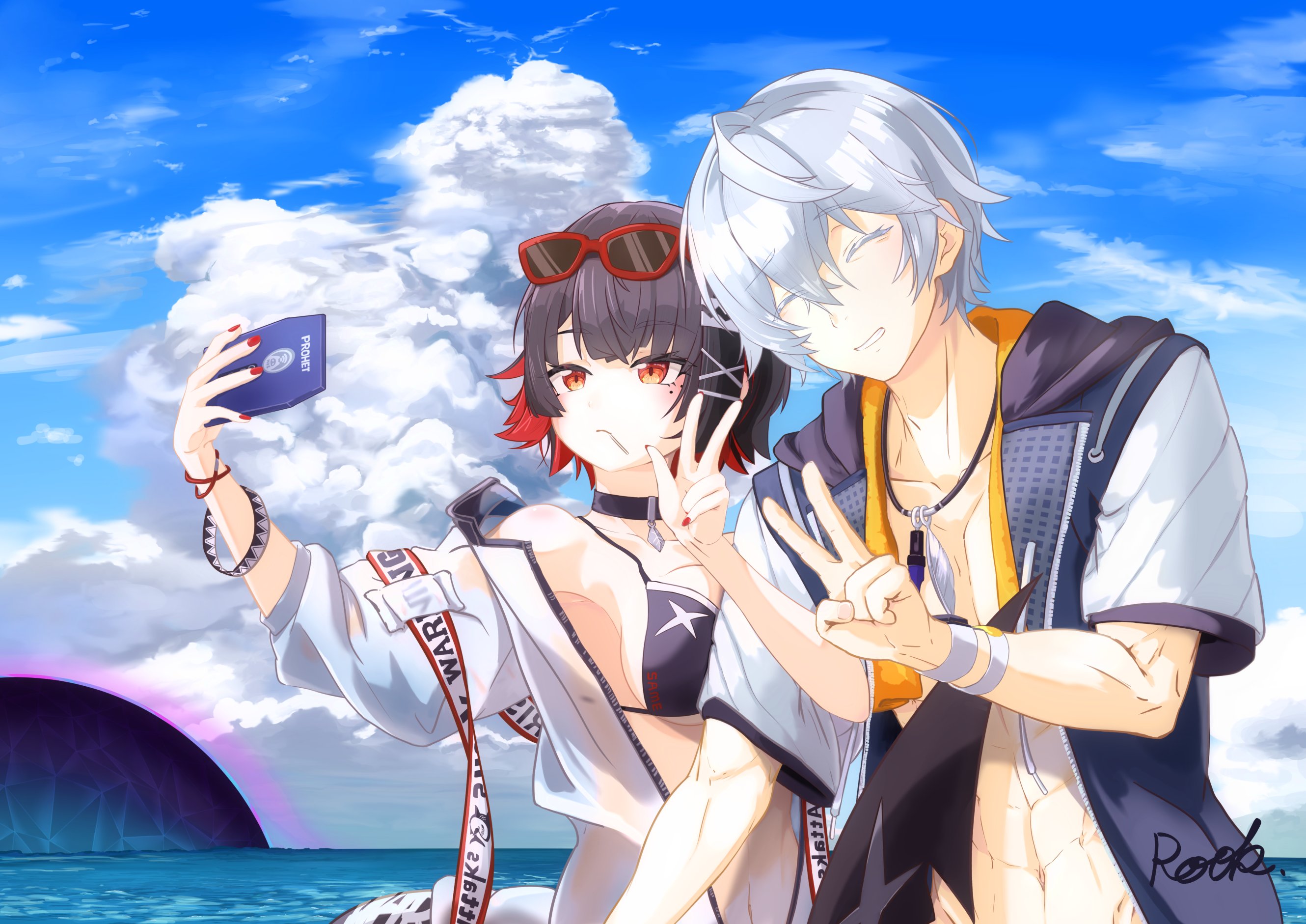 rook (rookro), ellen joe, wise (peaceful waves) (zenless zone zero), wise (zenless zone zero), zenless zone zero, commentary request, highres, 1boy, 1girl, abs, alternate costume, arm hug, artist name, bare shoulders, bikini, black bikini, black hair, blue sky, blue wetsuit, bracelet, breasts, candy, cellphone, closed eyes, cloud, collarbone, colored inner hair, eyewear on head, fins, fish tail, food, grey hair, hair between eyes, hetero, holding, holding phone, hollow (zenless zone zero), jacket, jewelry, lollipop, lollipop in mouth, medium breasts, mole, mole under eye, multicolored hair, navel, necklace, ocean, off shoulder, official alternate costume, outdoors, pendant choker, phone, print bikini, razor blade hair ornament, red-framed eyewear, red eyes, red nails, scar, scar on tail, see-through clothes, selfie, shark girl, shark tail, short hair, sky, stomach, sunglasses, swimsuit, tail, taking picture, tinted eyewear, towel, towel around neck, unzipped, v, w, water, white jacket, wristband