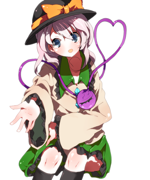 ren (zero second), komeiji koishi, touhou, bad id, bad pixiv id, 1girl, blue eyes, female focus, hat, outstretched arm, outstretched hand, reaching, simple background, skirt, solo, white background