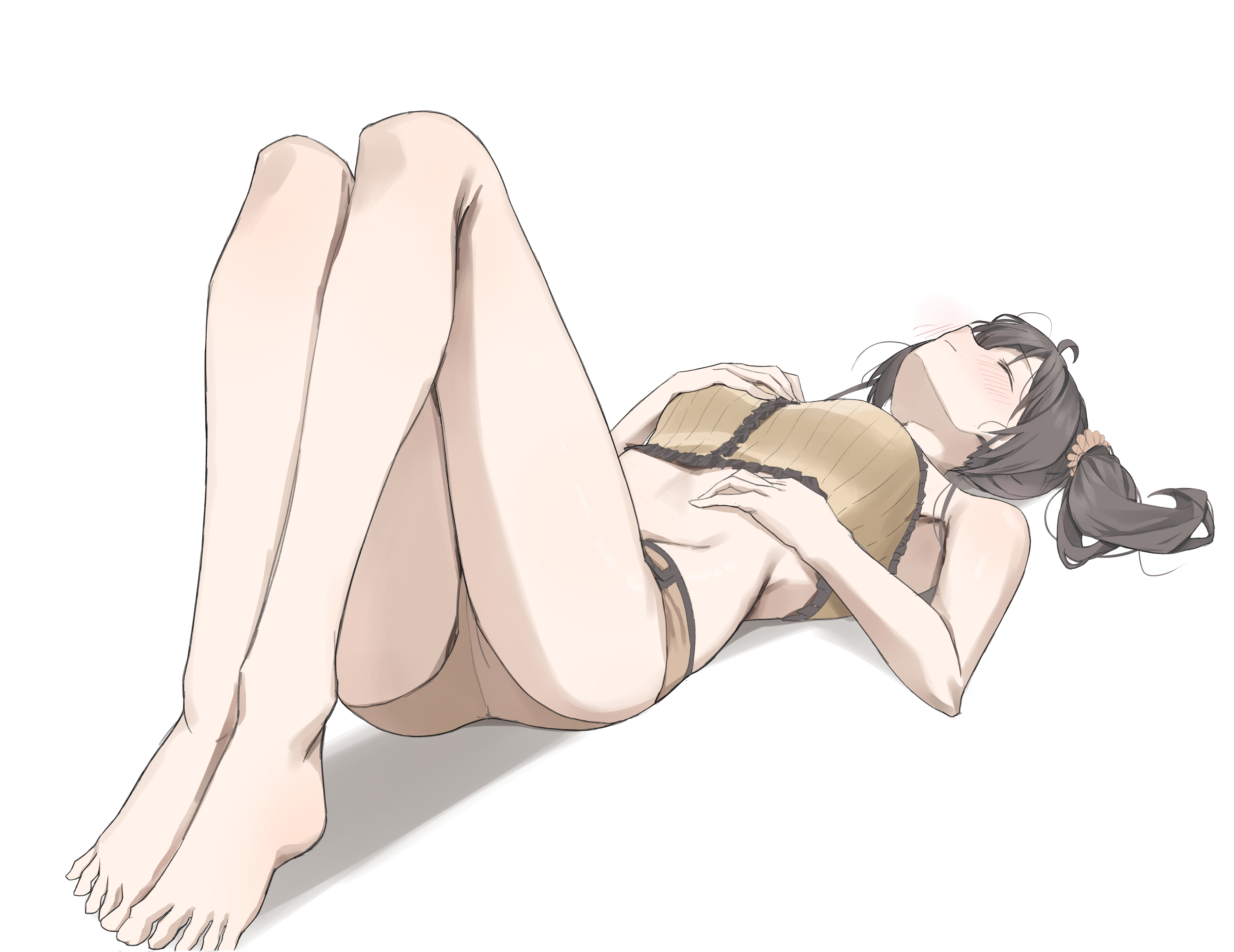 scarlet (wv0102), natsuiro matsuri, natsuiro matsuri (matsuri's day off), hololive, absurdres, commentary, highres, symbol-only commentary, 1girl, ahoge, bare legs, barefoot, brown hair, camisole, frilled camisole, frills, full body, knees up, legs, lying, medium hair, official alternate costume, on back, scrunchie, short shorts, shorts, side ponytail, simple background, solo, toes, virtual youtuber, white background, yellow camisole, yellow scrunchie, yellow shorts