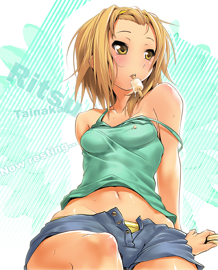 nilitsu, tainaka ritsu, k-on!, looking away, messy, 00s, 1girl, arm at side, bare shoulders, blush, body blush, breasts, brown eyes, brown hair, camisole, character name, collarbone, denim, denim shorts, english text, female focus, food, hairband, hot, looking to the side, medium breasts, messy hair, midriff, mouth hold, navel, off shoulder, open fly, panties, panty peek, popsicle, short hair, short shorts, shorts, sitting, solo, strap slip, sweat, tan, tank top, tomboy, unbuttoned, underwear, unzipped, yellow panties