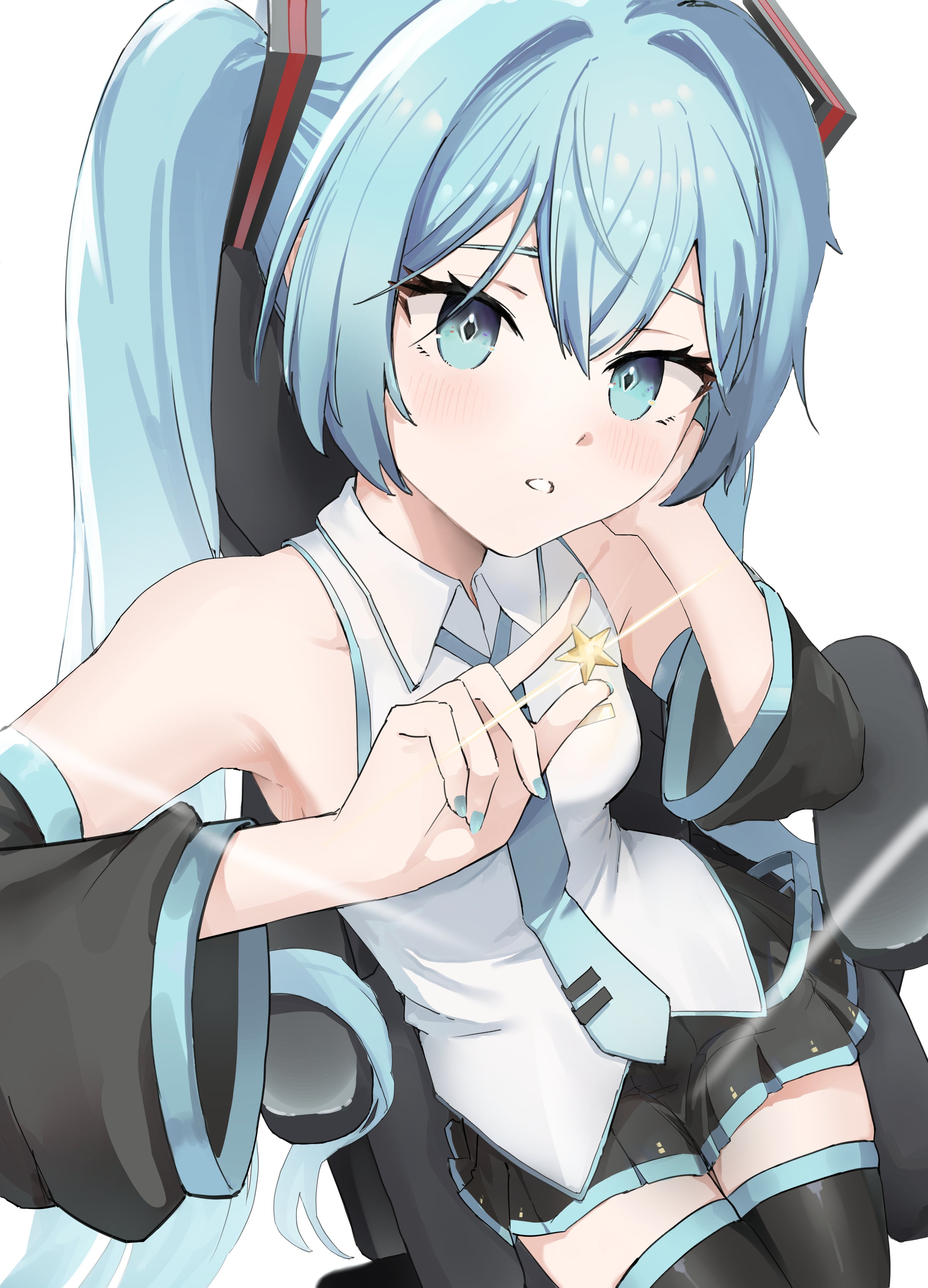 hatsune miku, vocaloid, absurdres, highres, 1girl, black skirt, black sleeves, blue eyes, blue hair, blue nails, detached sleeves, head rest, long hair, mntt sub, necktie, pleated skirt, shirt, skirt, twintails, white shirt