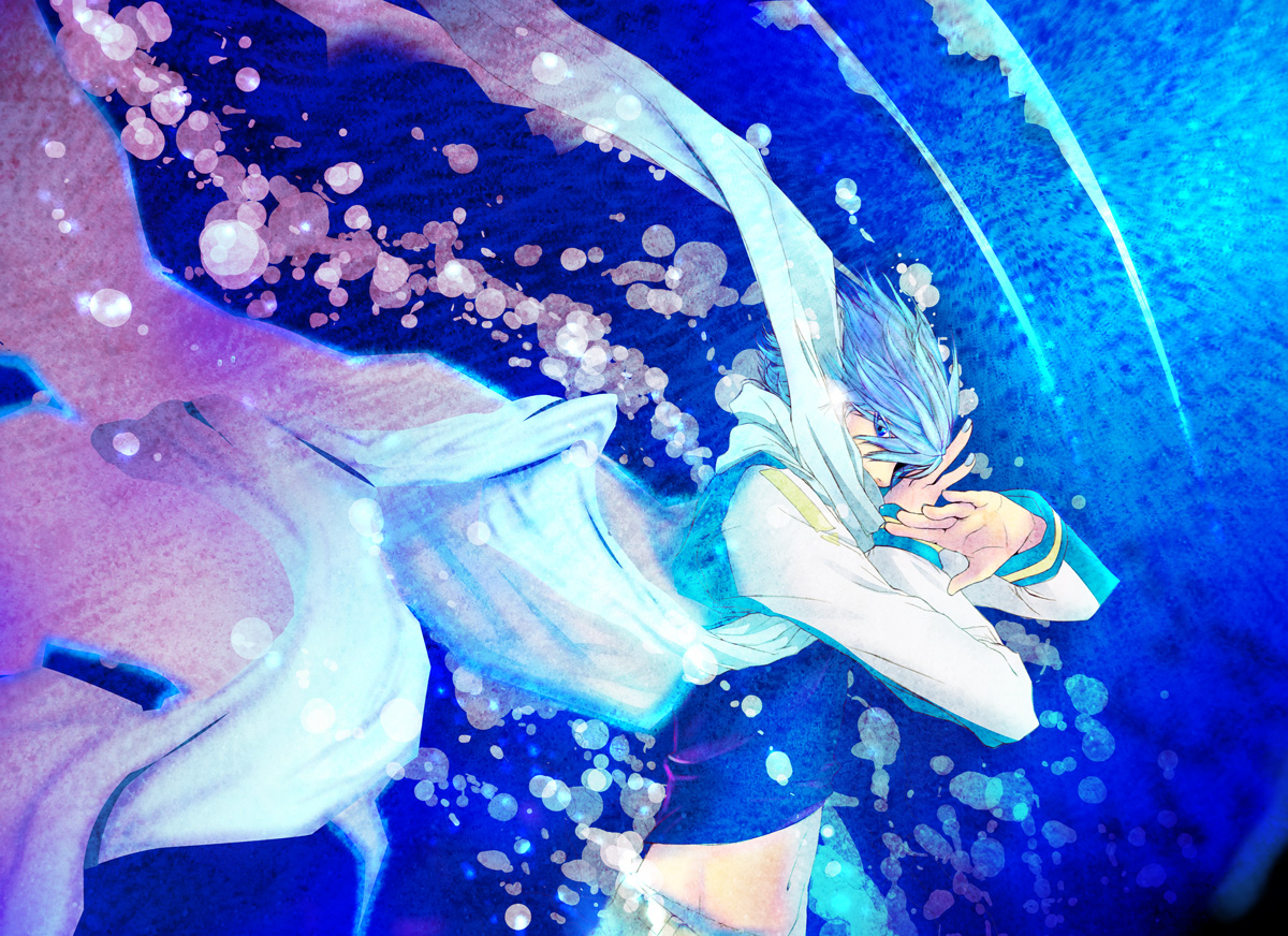nayu, kaito (vocaloid), vocaloid, bad id, bad pixiv id, 1boy, blue eyes, blue hair, blue nails, blue scarf, male focus, matching hair/eyes, nail polish, scarf, solo, underwater
