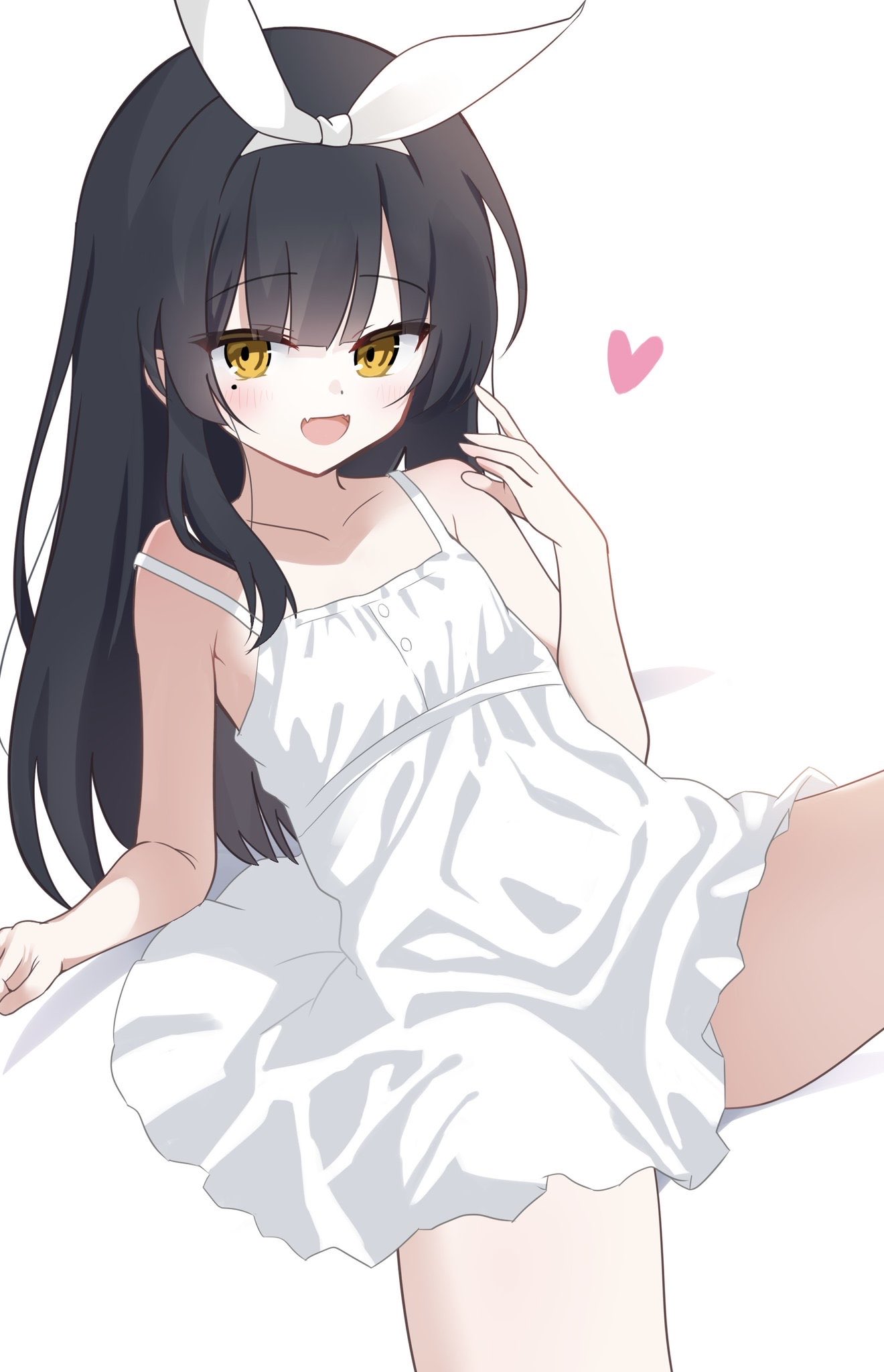 hanakoizumi yoruno, original, commentary request, highres, 1girl, :d, black hair, dress, fangs, flat chest, heart, long hair, looking at viewer, mole, mole under eye, open mouth, skin fangs, smile, solo, sundress, white background, white dress, yellow eyes