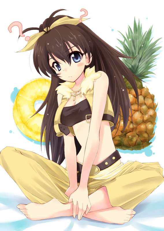 komone ushio, 961 production, ganaha hibiki, idolmaster, idolmaster (classic), idolmaster sp, bad id, bad pixiv id, 00s, 1girl, ?, bandeau, bare shoulders, barefoot, blue eyes, bow, brown hair, feet, female focus, food, fruit, hair bow, hands on feet, indian style, long hair, midriff, pineapple, sitting, solo