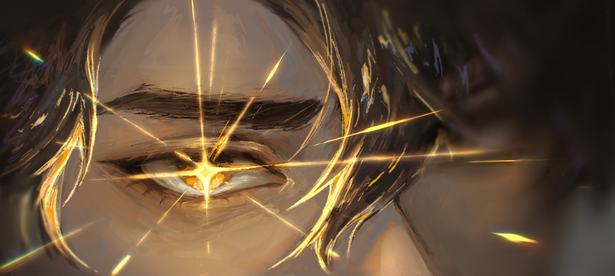 yoo joonghyuk, omniscient reader's viewpoint, commentary, english commentary, highres, 1boy, 9158mimo, black hair, blurry, blurry background, close-up, crossed bangs, depth of field, double-parted bangs, eye focus, glint, hair between eyes, lens flare, looking at viewer, male focus, short hair, solo, sparkle, yellow eyes