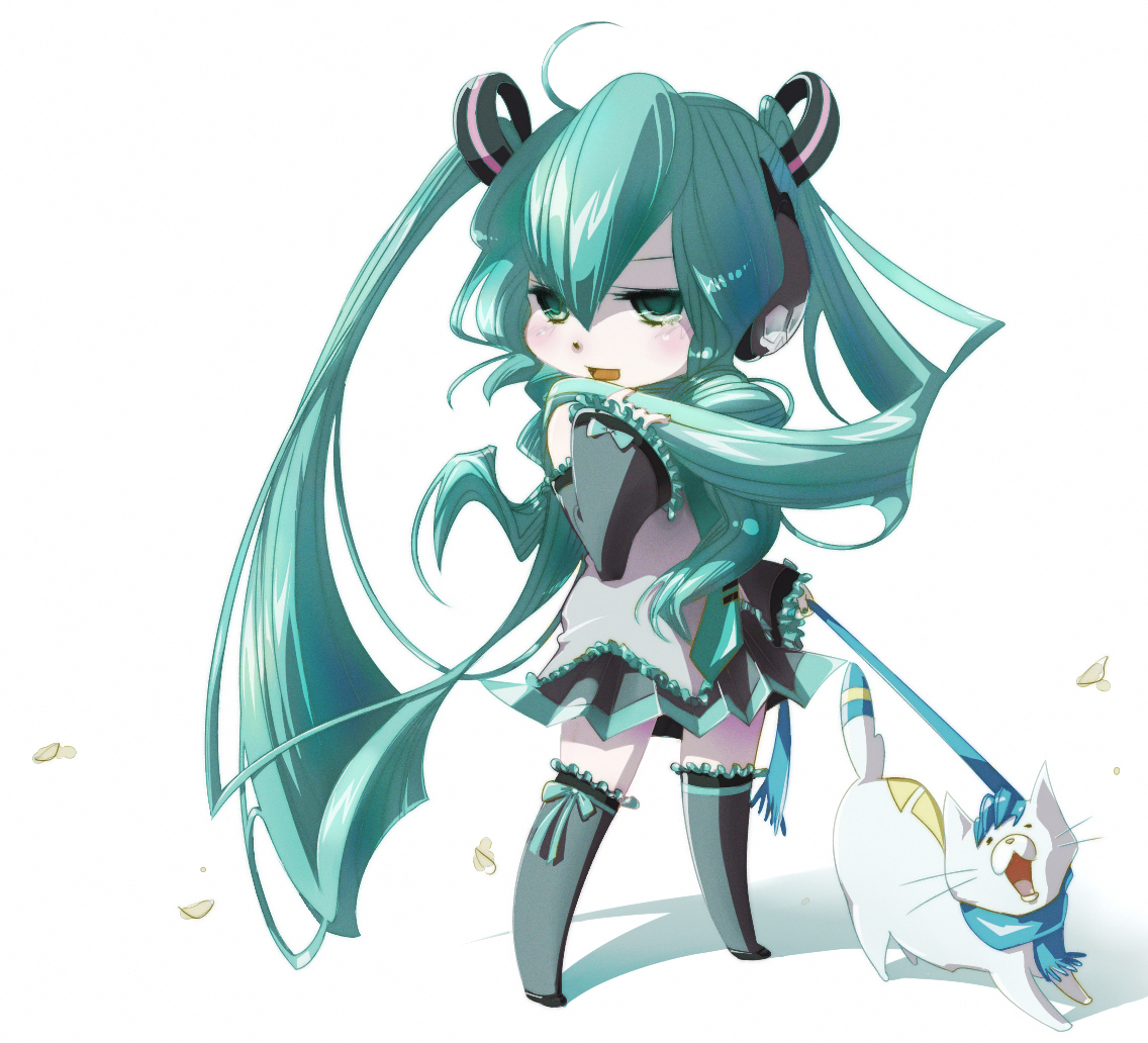 anko (pixiv249614), anko anko, hatsune miku, kaito (vocaloid), vocaloid, 1girl, ahoge, aqua hair, blue scarf, cat, detached sleeves, female focus, frills, long hair, scarf, skirt, solo, thighhighs, twintails, very long hair, zettai ryouiki
