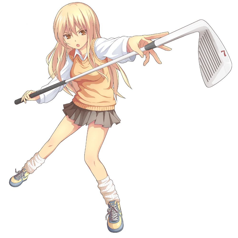 nnyu, nike (company), original, bad id, bad pixiv id, blonde hair, brown eyes, golf, golf club, legs, long hair, loose socks, orange eyes, pleated skirt, school uniform, shoes, skirt, sneakers, socks, solo, sweater, sweater vest