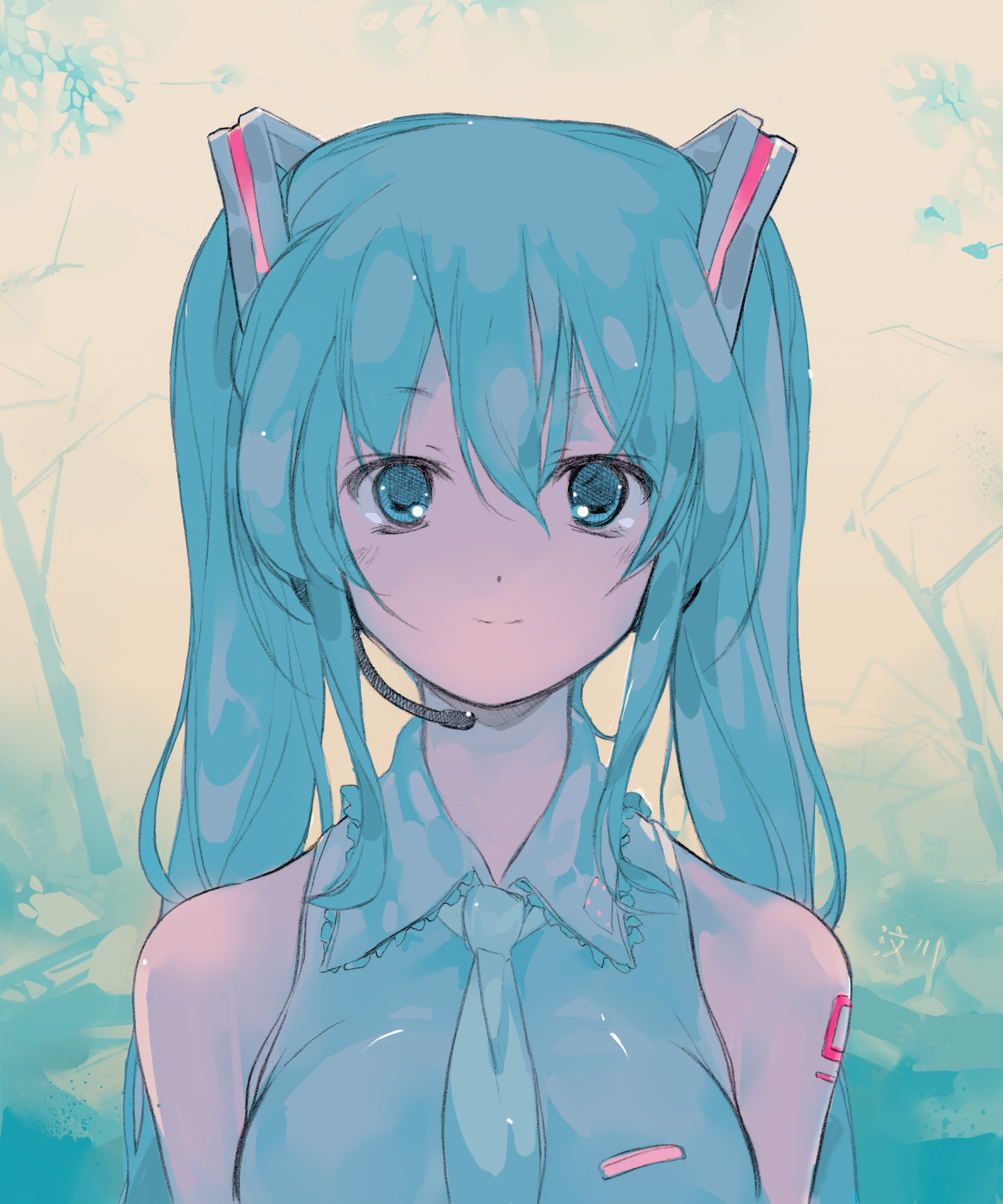 dan evan, hatsune miku, vocaloid, colorized, commentary, highres, blue eyes, blue hair, long hair, necktie, smile, solo, twintails