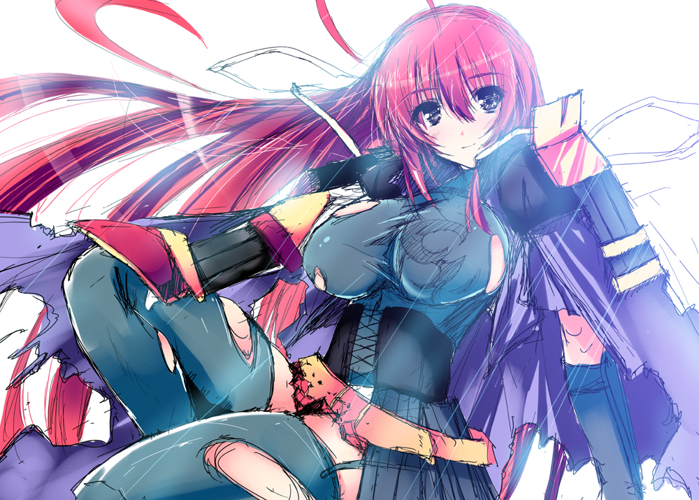 noto kurumi, oda nobunaga (sengoku hime), sengoku hime, bad id, bad pixiv id, 1girl, blush, breasts, female focus, large breasts, long hair, red hair, skirt, smile, solo, thighhighs, torn clothes, torn thighhighs