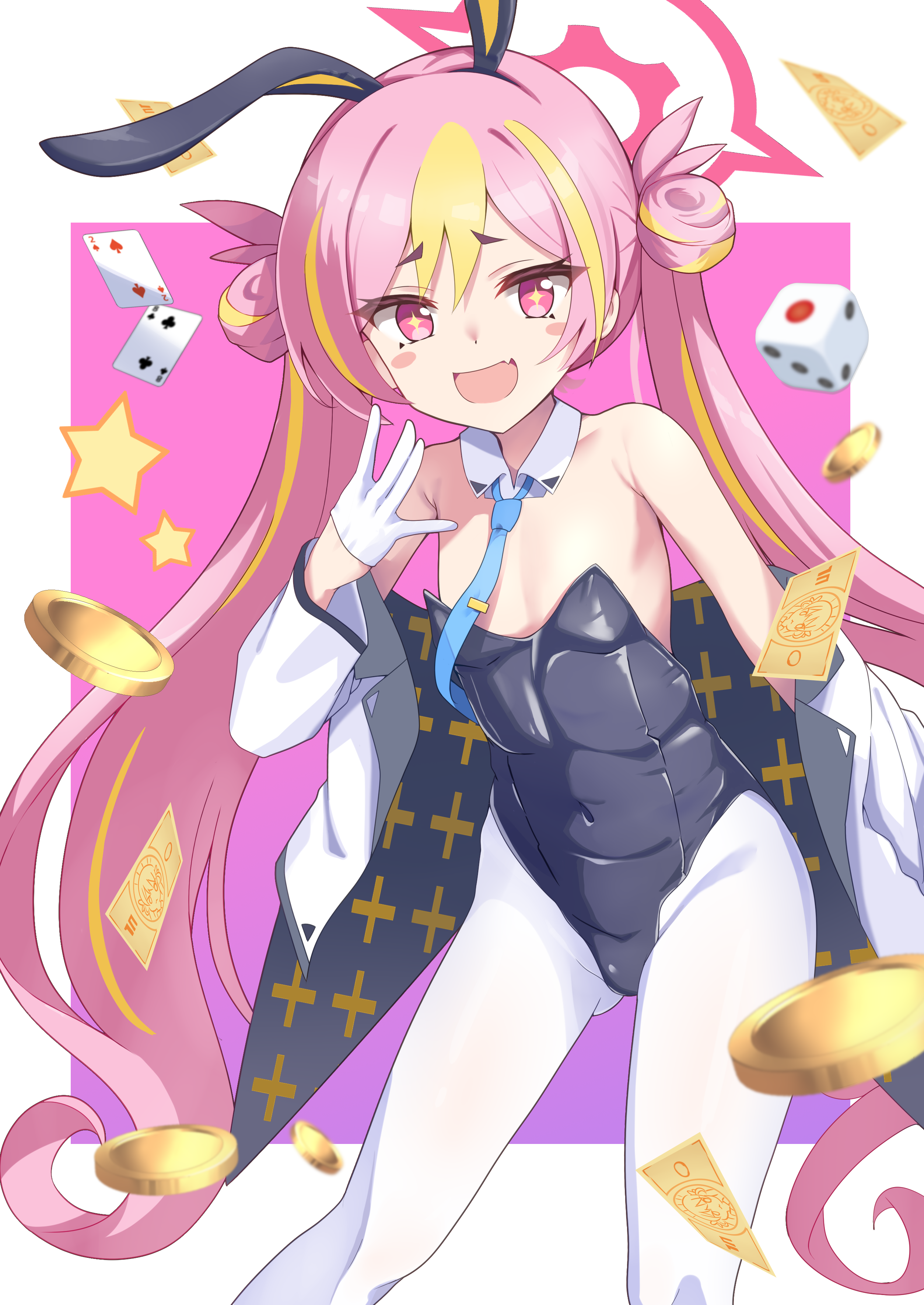 hanakoizumi yoruno, koyuki (blue archive), koyuki (bunny) (blue archive), blue archive, absurdres, commentary request, highres, + +, 1girl, :d, animal ear hairband, animal ears, armpit crease, bare shoulders, black leotard, blonde hair, blue necktie, blush, blush stickers, breasts, covered navel, detached collar, dice, double bun, fake animal ears, fang, feet out of frame, gloves, gluteal fold, hair bun, hairband, half gloves, halo, hand up, highleg, highleg leotard, jacket, leotard, long hair, long sleeves, looking at viewer, multicolored hair, necktie, official alternate costume, official alternate hairstyle, open mouth, pantyhose, pink background, pink eyes, pink hair, pink halo, playboy bunny, rabbit ear hairband, rabbit ears, short eyebrows, simple background, skin fang, small breasts, smile, solo, standing, star (symbol), strapless, strapless leotard, streaked hair, thick eyebrows, twintails, two-tone hair, two of clubs, two of hearts, very long hair, white gloves, white jacket, white pantyhose