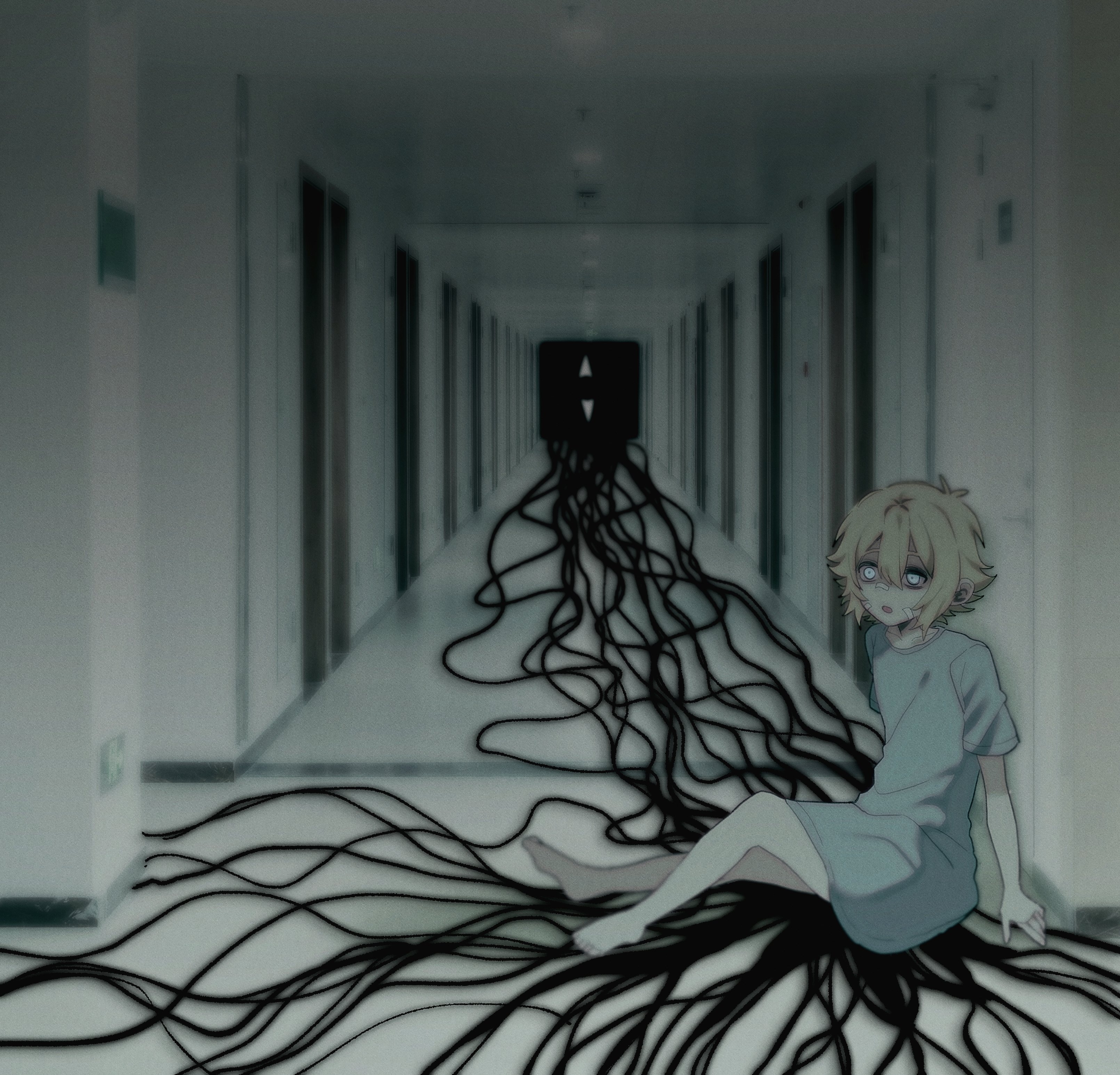 my loleeta, basil (faraway) (omori), basil (omori), something (omori), omori, absurdres, highres, spoilers, 1boy, antenna hair, arm support, bandaid, bandaid on cheek, bandaid on face, bandaid on nose, barefoot, basil (hospital gown) (omori), blonde hair, blue eyes, bruise, bruised eye, collarbone, double-parted bangs, hair between eyes, horror (theme), hospital, hospital gown, indoors, injury, open mouth, short hair, sitting, solo