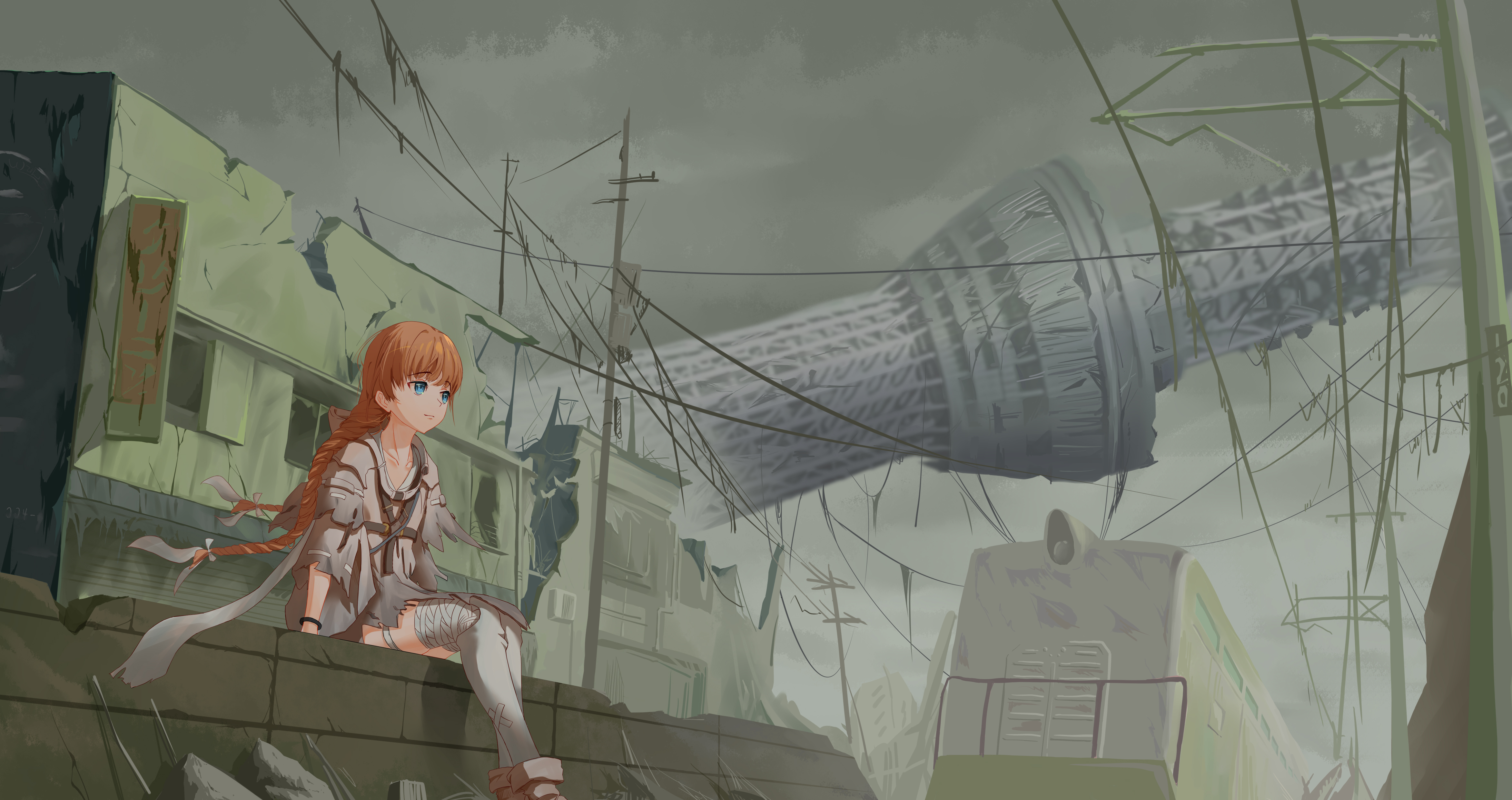 ai limit, absurdres, highres, 1girl, braid, brown hair, jacket, power lines, ruins, scenery, solo, torn clothes, train, twin braids