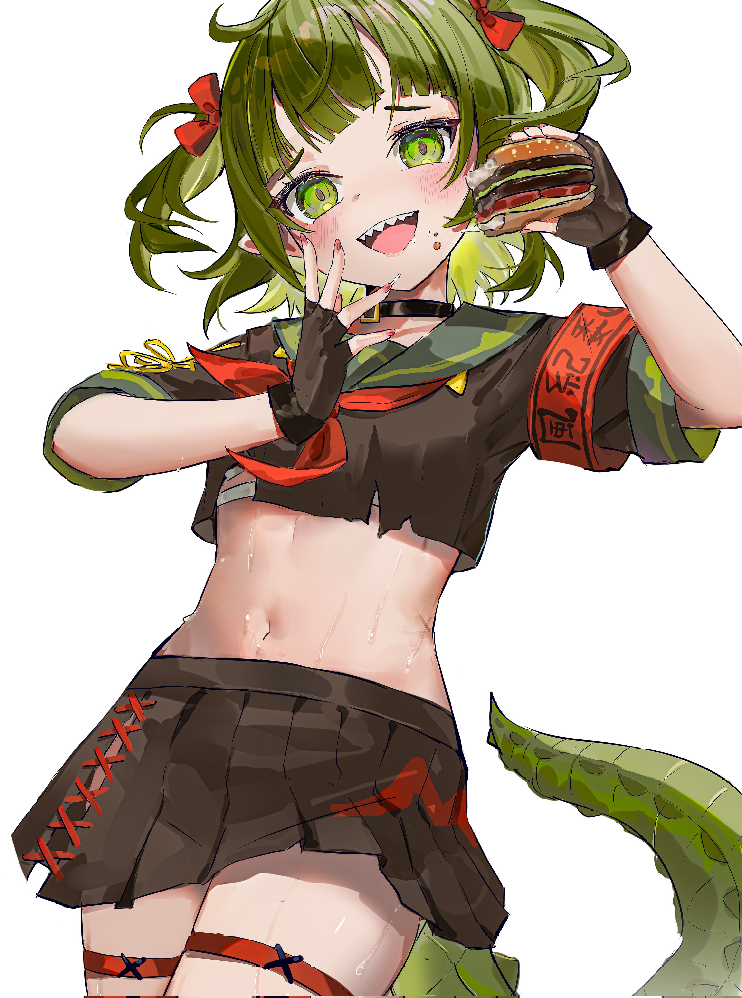 cawfy, nitya nil, phase connect, absurdres, copyright request, highres, 1girl, armband, black gloves, burger, crocodile girl, crocodilian tail, fingerless gloves, flat chest, food, gloves, green eyes, green hair, hair ribbon, holding, holding burger, holding food, midriff, red nails, ribbon, sharp teeth, shirt, skirt, smug, sweat, sweatdrop, tail, teeth, thigh strap, twintails, virtual youtuber