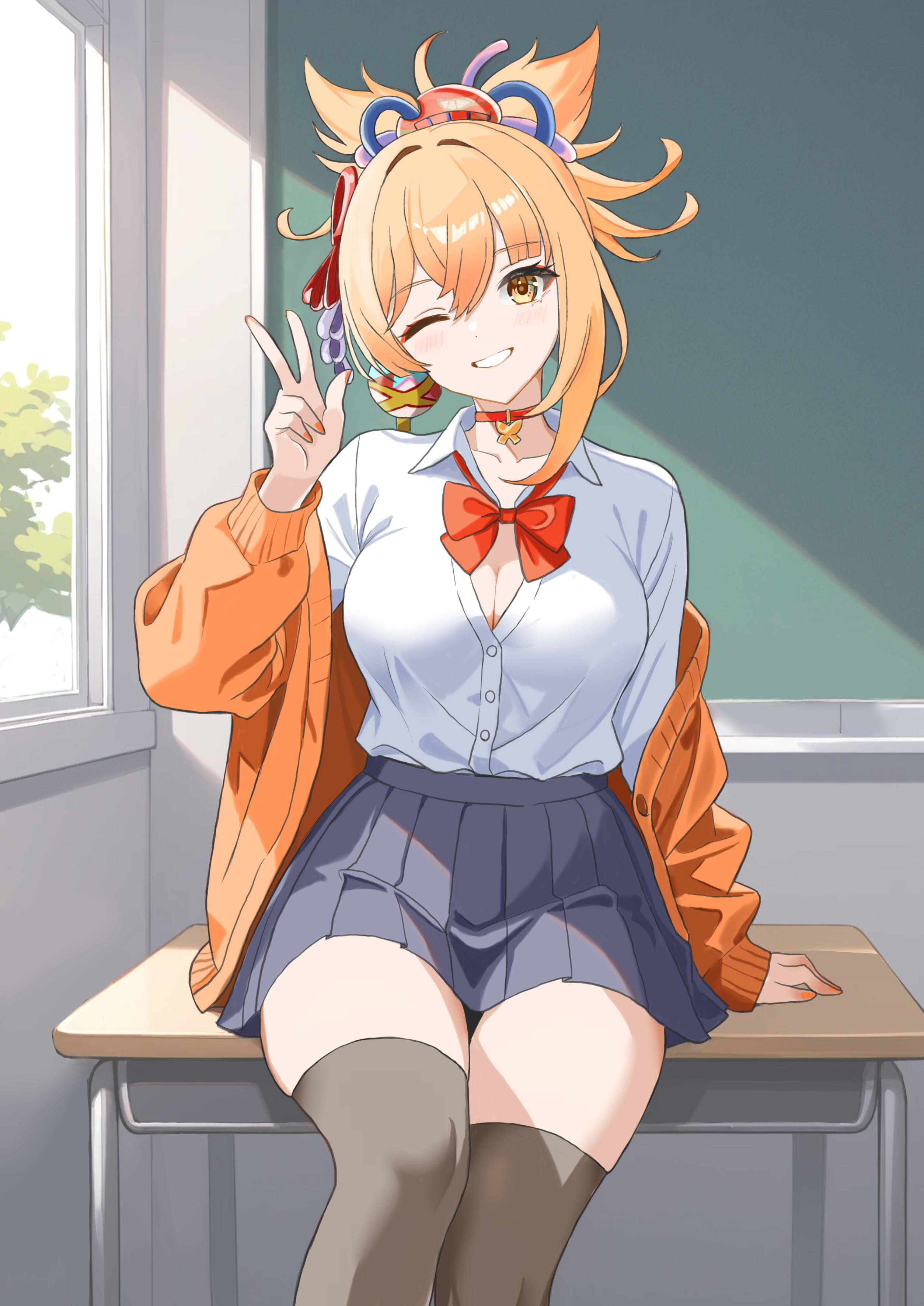 yoimiya (genshin impact), genshin impact, absurdres, highres, 1girl, ;d, ankafu, black thighhighs, blonde hair, breasts, butterfly choker, cardigan, chalkboard, choker, classroom, cleavage, comb, desk, eyeliner, hair ornament, indoors, large breasts, makeup, medium hair, nail polish, neck ribbon, one eye closed, open cardigan, open clothes, open mouth, orange cardigan, orange nails, partially unbuttoned, pleated skirt, red choker, red eyeliner, red ribbon, ribbon, school desk, school uniform, shirt, sitting, skirt, smile, solo, split ponytail, thighhighs, thighs, tree, v, white shirt, window, yellow eyes, zettai ryouiki