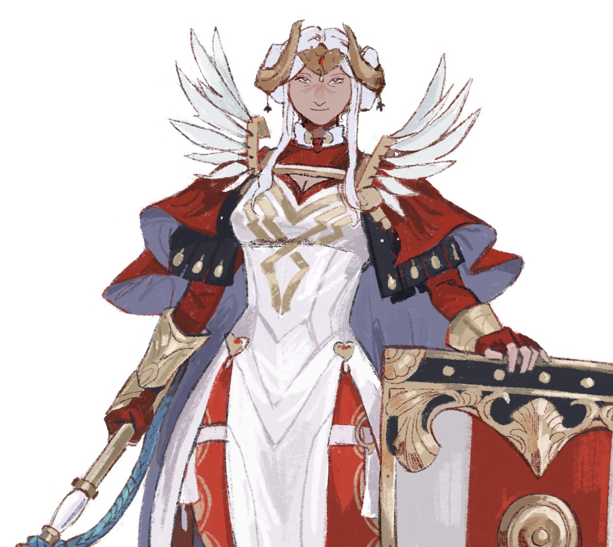 snowkying, edelgard von hresvelg, edelgard von hresvelg (adrestian emperor), edelgard von hresvelg (adrestian emperor) (resplendent), edelgard von hresvelg (timeskip), fire emblem, fire emblem: three houses, fire emblem heroes, nintendo, 1girl, armor, axe, breasts, cape, cleavage, cleavage cutout, closed mouth, clothing cutout, dress, fake horns, feather trim, feathers, fingerless gloves, gloves, hair bun, hair ornament, headpiece, holding, holding axe, holding shield, horned headwear, horns, long hair, looking at viewer, medium breasts, official alternate costume, pantyhose, purple eyes, red cape, red gloves, red pantyhose, shield, simple background, smile, solo, weapon, white background, white dress, white hair